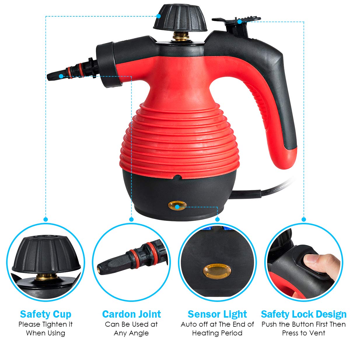 GOFLAME 1050W Handheld Steam Cleaner - Multi-Purpose Sanitizer & Steamer for Bathroom, Kitchen, Floors | Removes Stains, Grease & Bacteria | Portable Steam Iron for Clothes & Home Cleaning (Red) - Perfect for Deep Cleaning, Disinfecting & Sanitizing Surfaces in Homes, Offices & Cars
