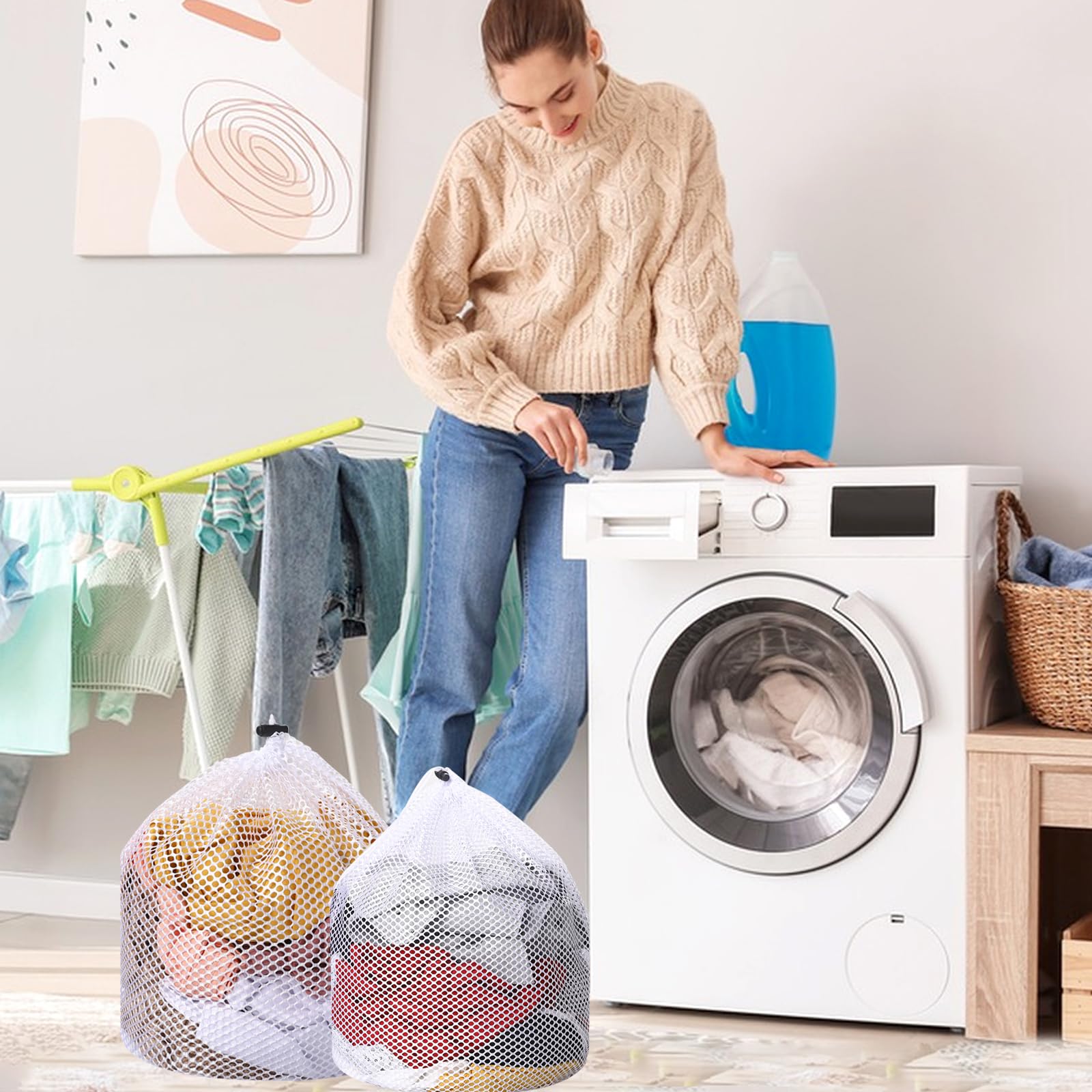 2-Pack White Mesh Laundry Bags for Socks & Delicates - 12x16 & 16x20 Inch Machine Washable Drawstring Garment Bags - Perfect for Travel, Dorm, Hotel & Home Laundry Storage (Ideal for Organizing Socks, Underwear & Delicate Items)