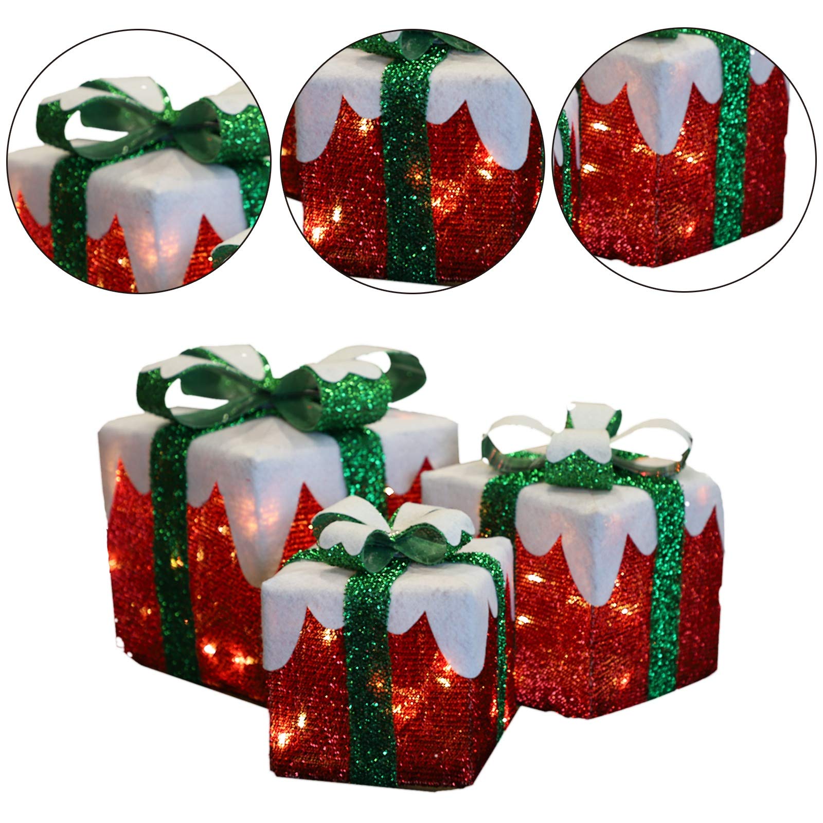MorTime 3-Pack LED Gift Boxes with Green Bows - Christmas Indoor/Outdoor Decor