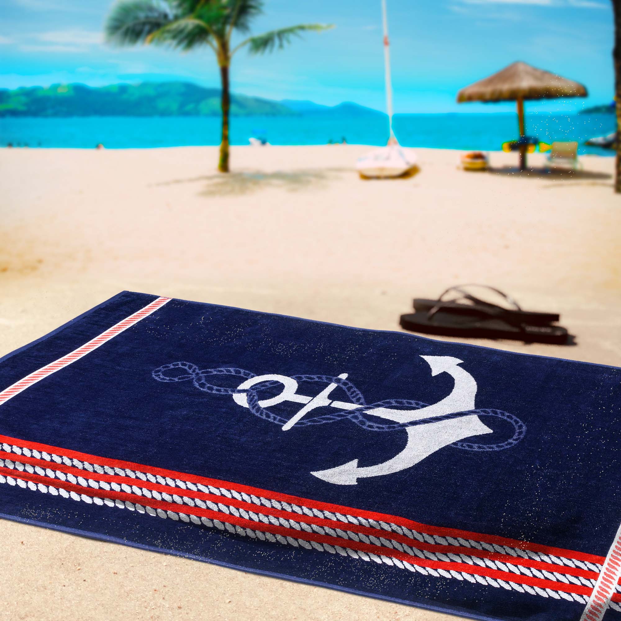 Premium 4-Piece Oversized Beach Towel Set - Soft & Absorbent Anchor Cotton Towels for Pool, Beach, Yoga & Picnic - Quick Dry & Stylish
