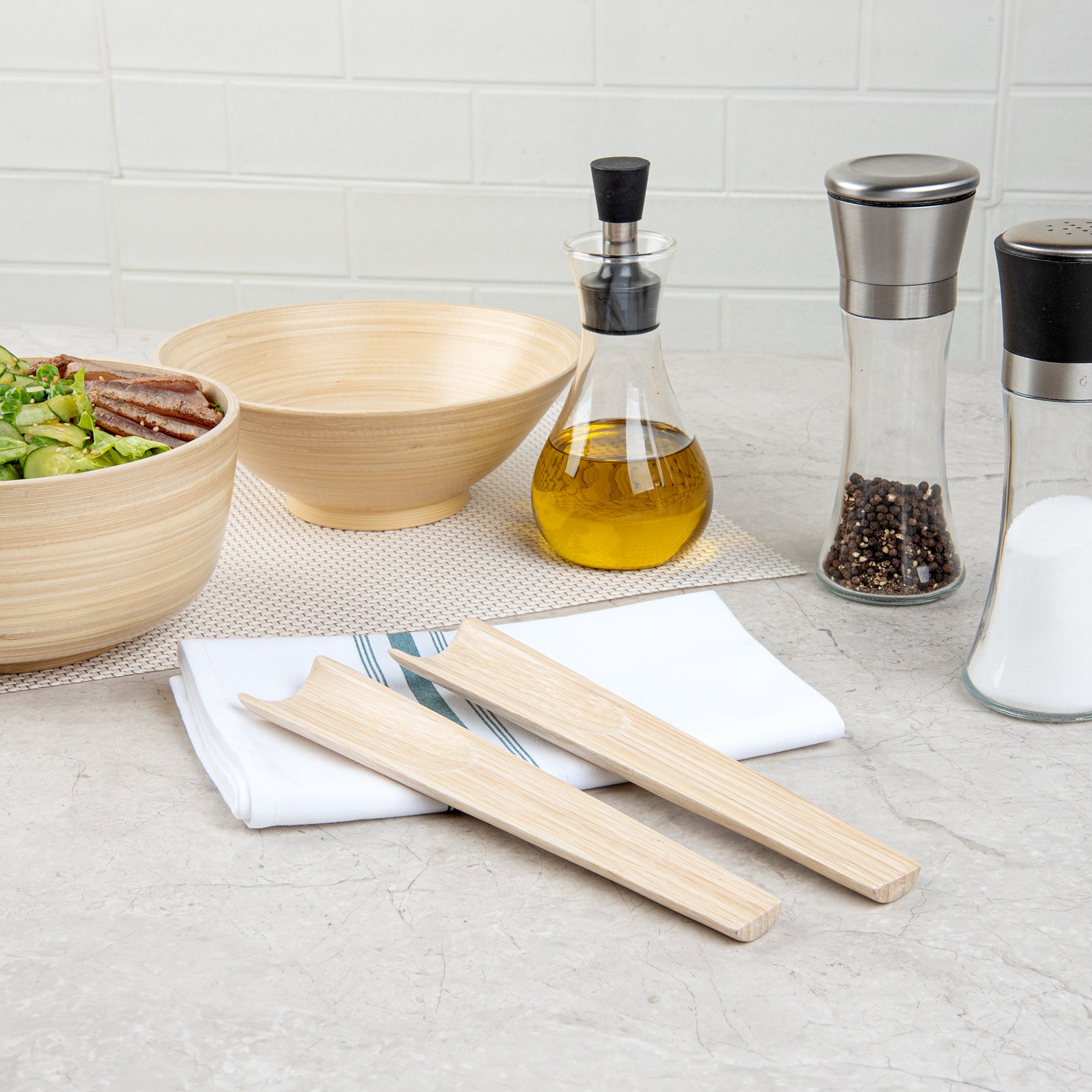 Bambuddha Natural Spun Bamboo Salad Servers Set - 2 Piece Eco-Friendly Utensils (9.75