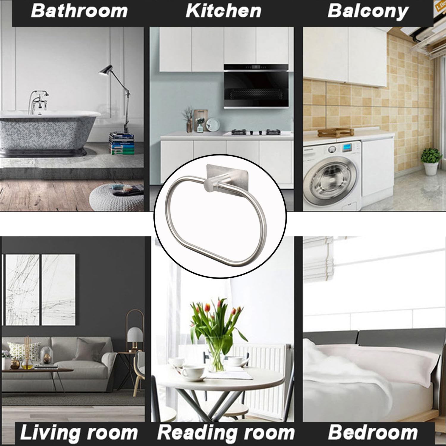Stainless Steel Oval Towel Ring - No Drill Self Adhesive Hand Towel Holder for Bathroom & Kitchen, Thick SUS304 Modern Towel Rack (Brushed Nickel) - Perfect for Small Spaces & Rental Homes