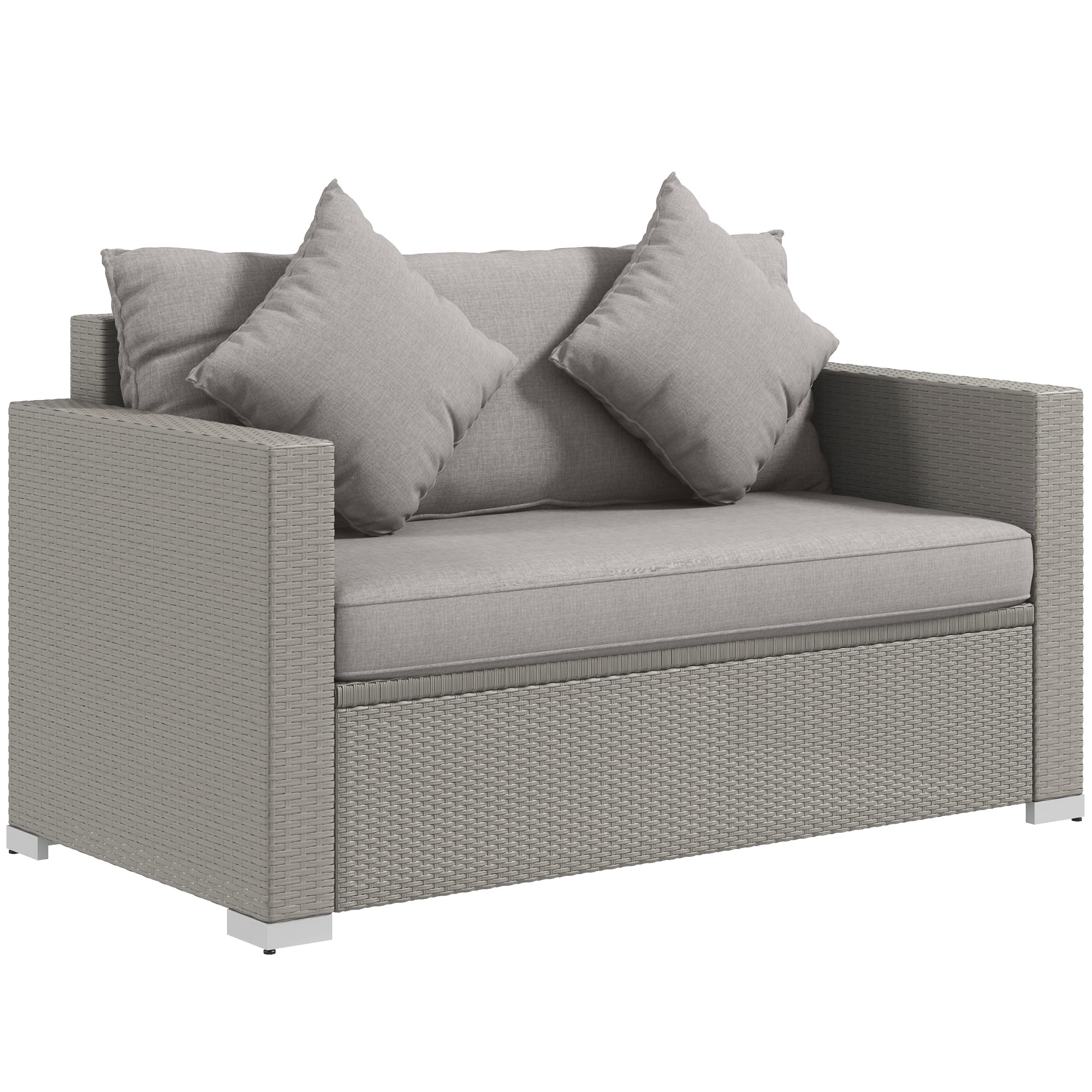 Outsunny 2-Seat Outdoor PE Rattan Loveseat with Cushions & Throw Pillows - Gray Patio Wicker Sofa for Porch, Backyard, Garden, Poolside - Perfect for Relaxing & Entertaining Outdoors