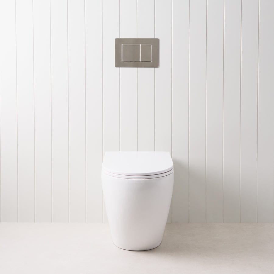 Wall-Mounted Curved Toilet with Modern Rectangle Gunmetal Buttons - Space-Saving Design for Small Bathrooms and Modern Homes