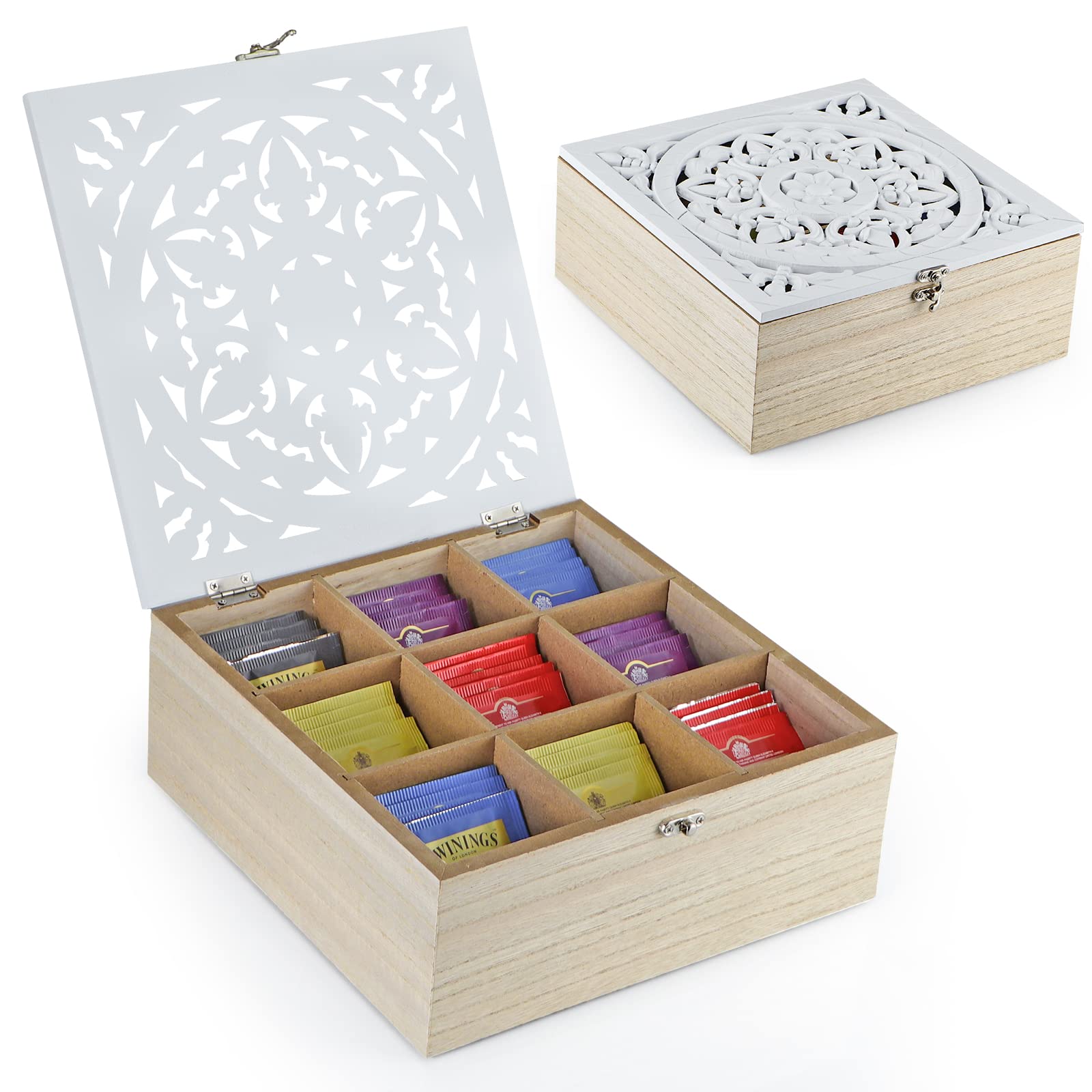 MOLIGOU Wooden Tea Bag Organizer - 9 Compartment Tea Storage Box with Floral Pattern Lid, Tea Bag Holder for Cabinet & Pantry - Perfect for Kitchen Organization & Tea Lovers Gift