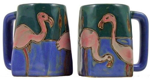 4-Pack MARA STONEWARE 12 Oz Square Coffee Mugs - Stackable Collectible Cups with Countertop Stand, Pink Flamingo Design - Perfect for Home, Office, Cafe & Gift Giving