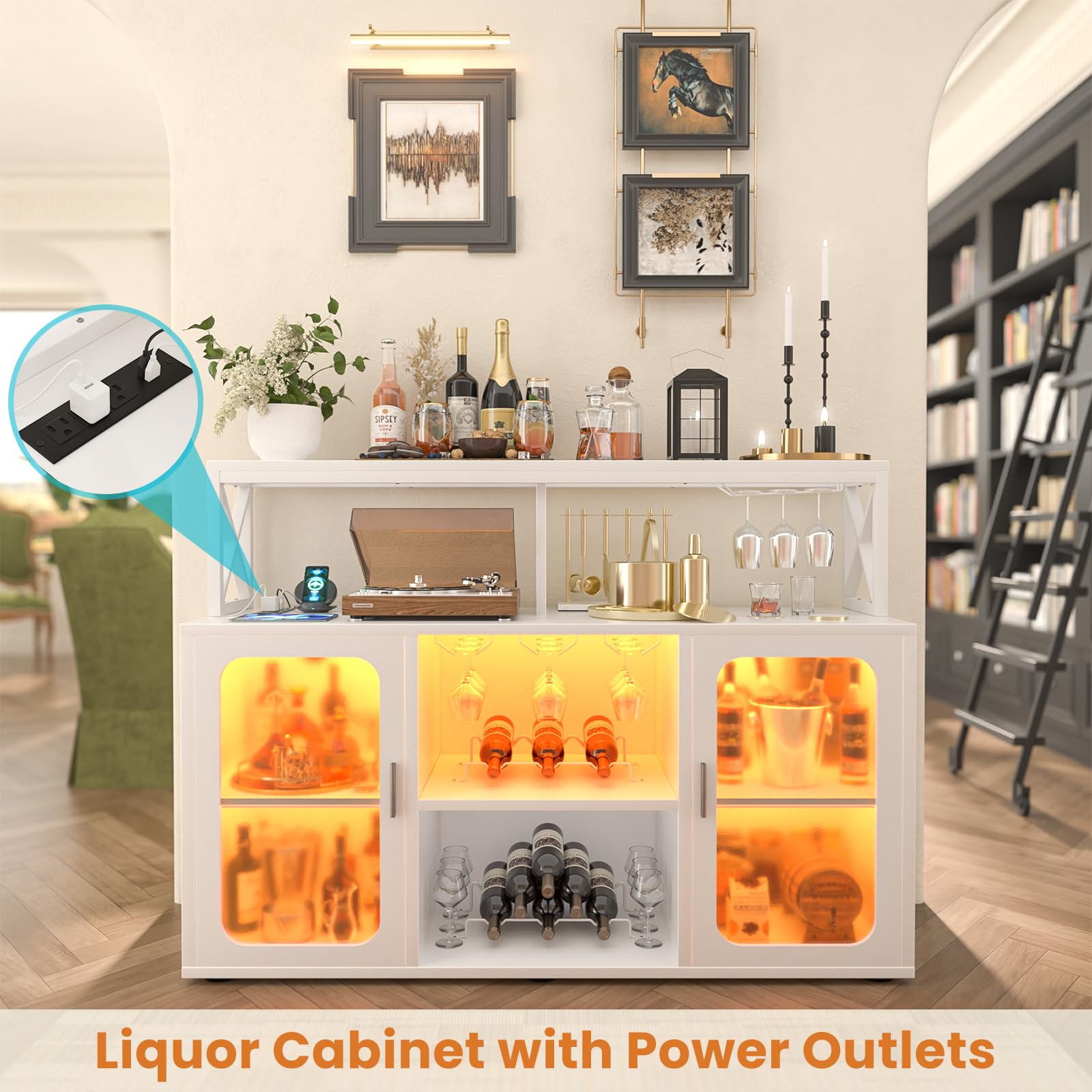 Aheaplus Modern Bar Cabinet with Power Outlet & LED Lights - Wine Storage Cabinet with Glass Holders, Adjustable Shelves - Perfect for Home Bar, Kitchen Coffee Station & Entertaining - White (Model S3)