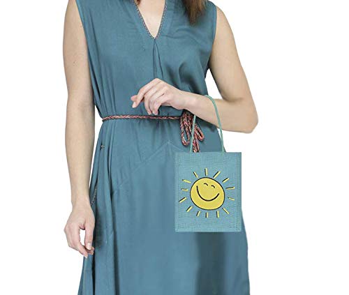 Eco-Friendly Jute Lunch Bags for Women & Men - Reusable Cotton Tote with Smiley Print | Sustainable Jute Gift & Carry Bag for Work, Picnic & Grocery Shopping