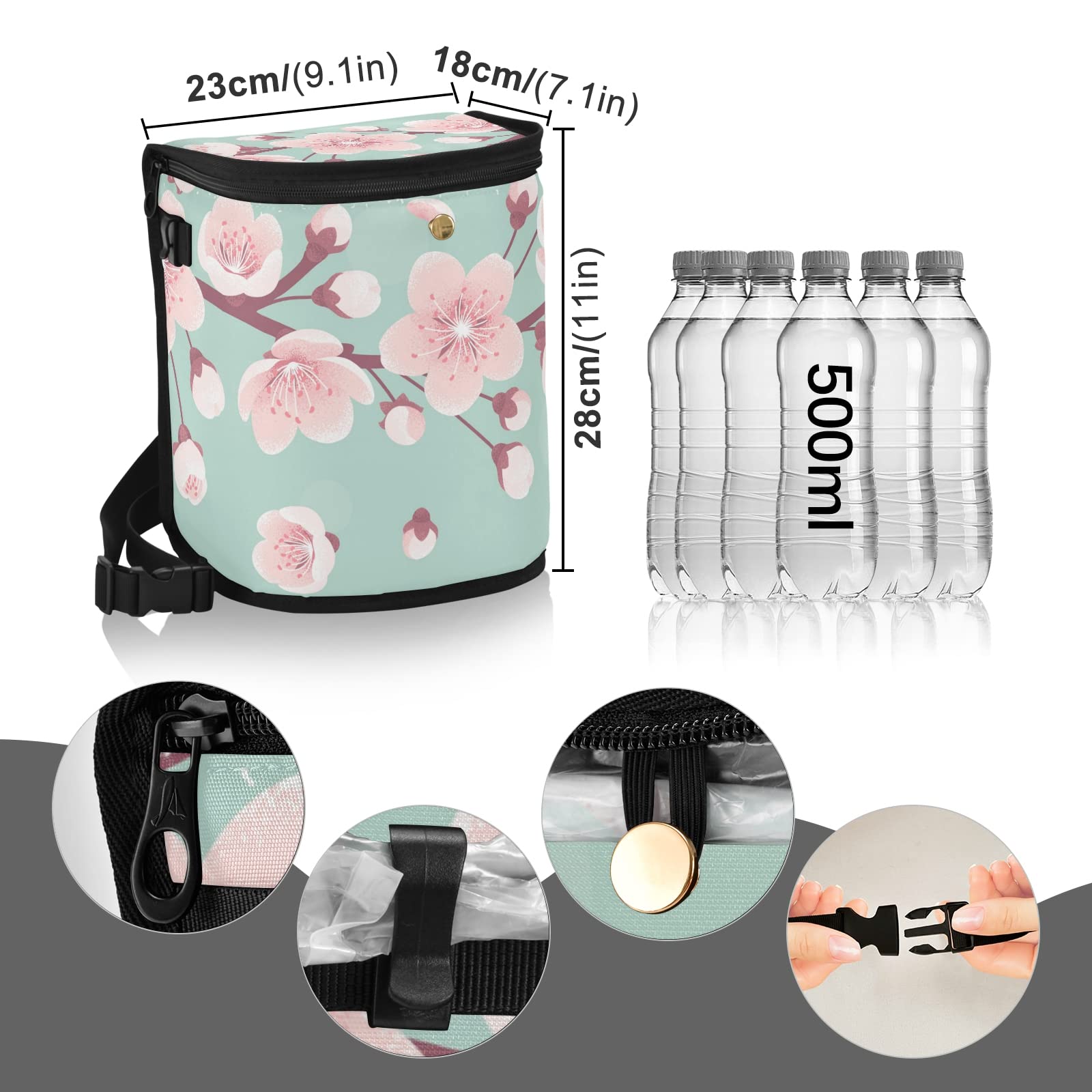 Pink Cherry Blossom Car Trash Can - Leak Proof Hanging Garbage Bin with Lid, Waterproof Storage Bag for Truck & Minivan | Spring Floral Design with Falling Petals on Turquoise Background | Perfect for Road Trips, Commuting & Keeping Your Vehicle Clean