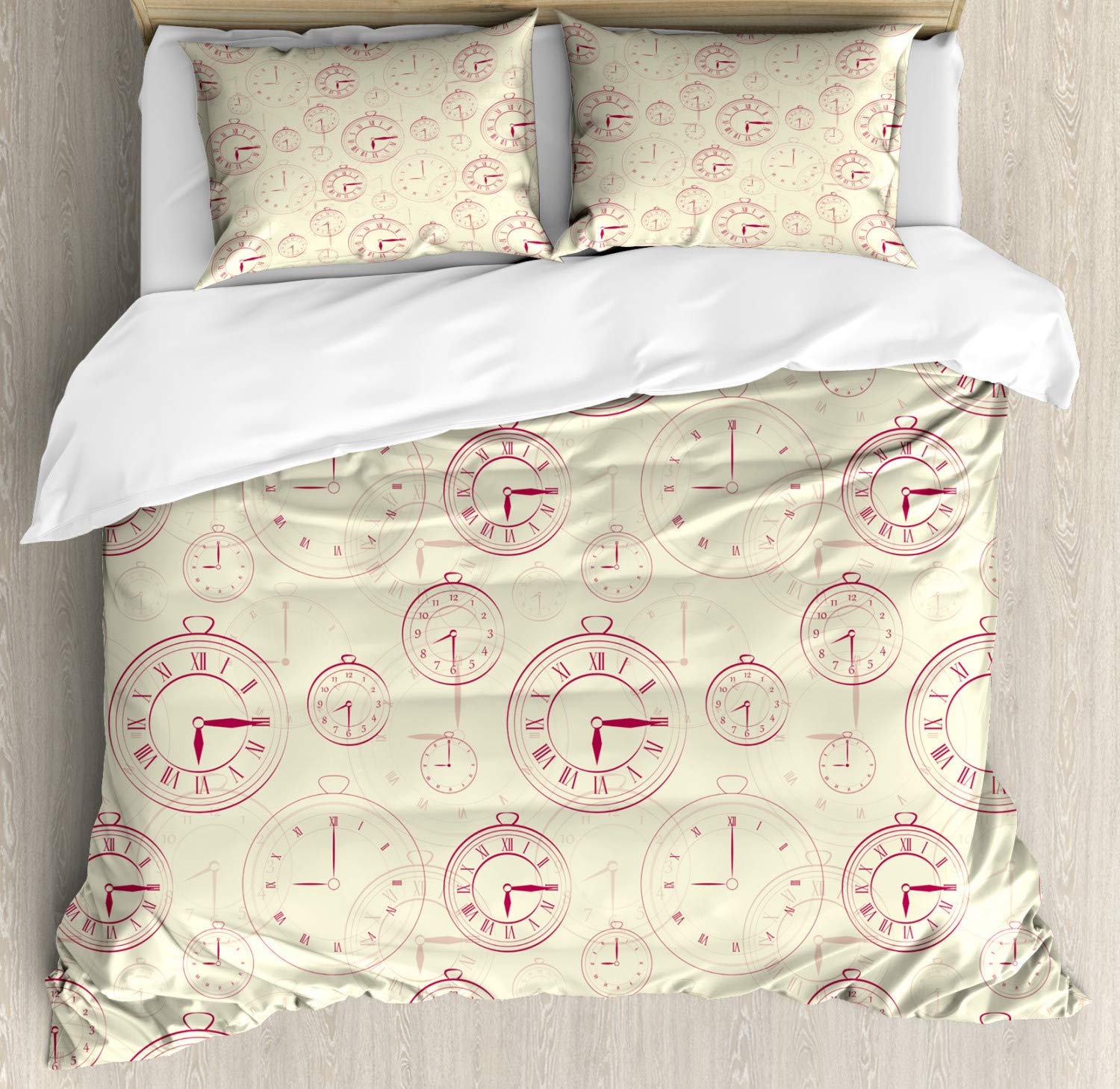 Ambesonne Vintage Watches Duvet Cover Set - Roman Numeral Antique Clock Design, 3 Piece Beding Set with 2 Pillow Shams, California King Size in Magenta & Yellow | Perfect for Vintage Themed Bedrooms, Guest Rooms & Clock Enthusiasts