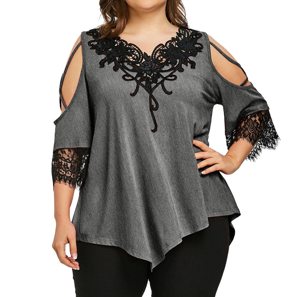 Sunmoot Women's Plus Size Lace Patchwork V-Neck Cold Shoulder T-Shirt - Sexy Short Sleeve Blouse for Casual Wear, Date Night & Summer Outfits