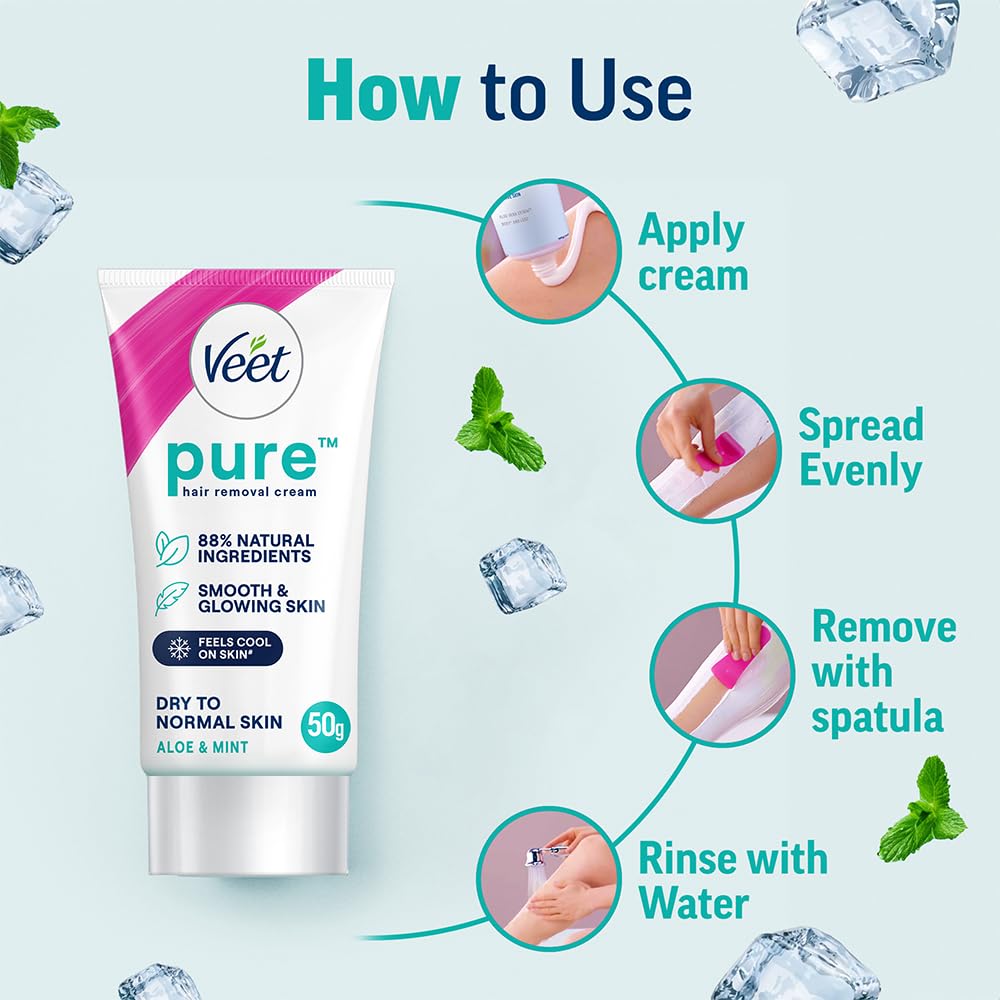 Veet Pure Hair Removal Cream for Women - 50g | Gentle Formula for Dry to Normal Skin | Safe for Legs, Underarms, Bikini Line & Arms | At-Home Hair Removal Solution for Smooth Skin