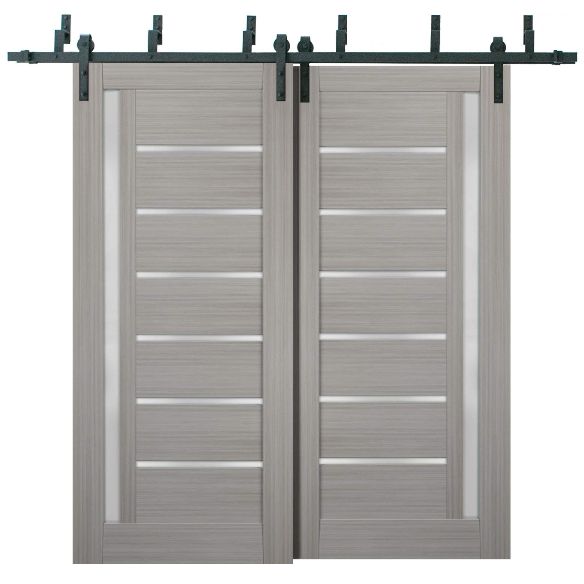 Frosted Glass Sliding Closet Doors 64x84 Inches - Quadro 4088 Grey Ash Barn Bypass Doors with 6.6ft Top Mount Rails | Solid Wood Wardrobe Doors for Bedroom & Walk-in Closet | Modern Space-Saving Solution for Home Organization