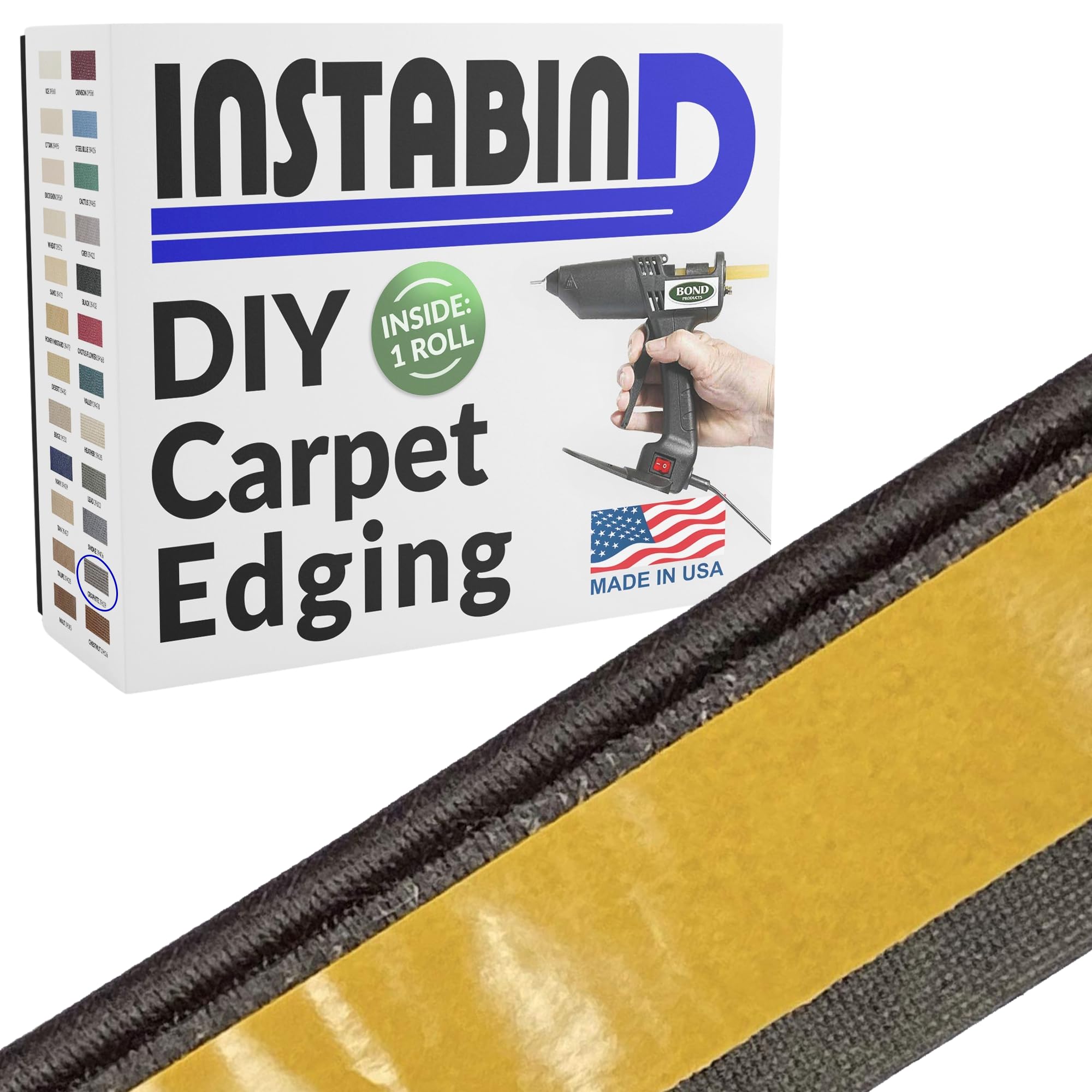 Instabind Carpet Binding Tape - Regular Style & Rug Edge Binding for DIY Carpet Finishing (Graphite, 54 ft Roll) - Durable Edge Trim for Area Rugs, Stair Treads & Home Décor Projects