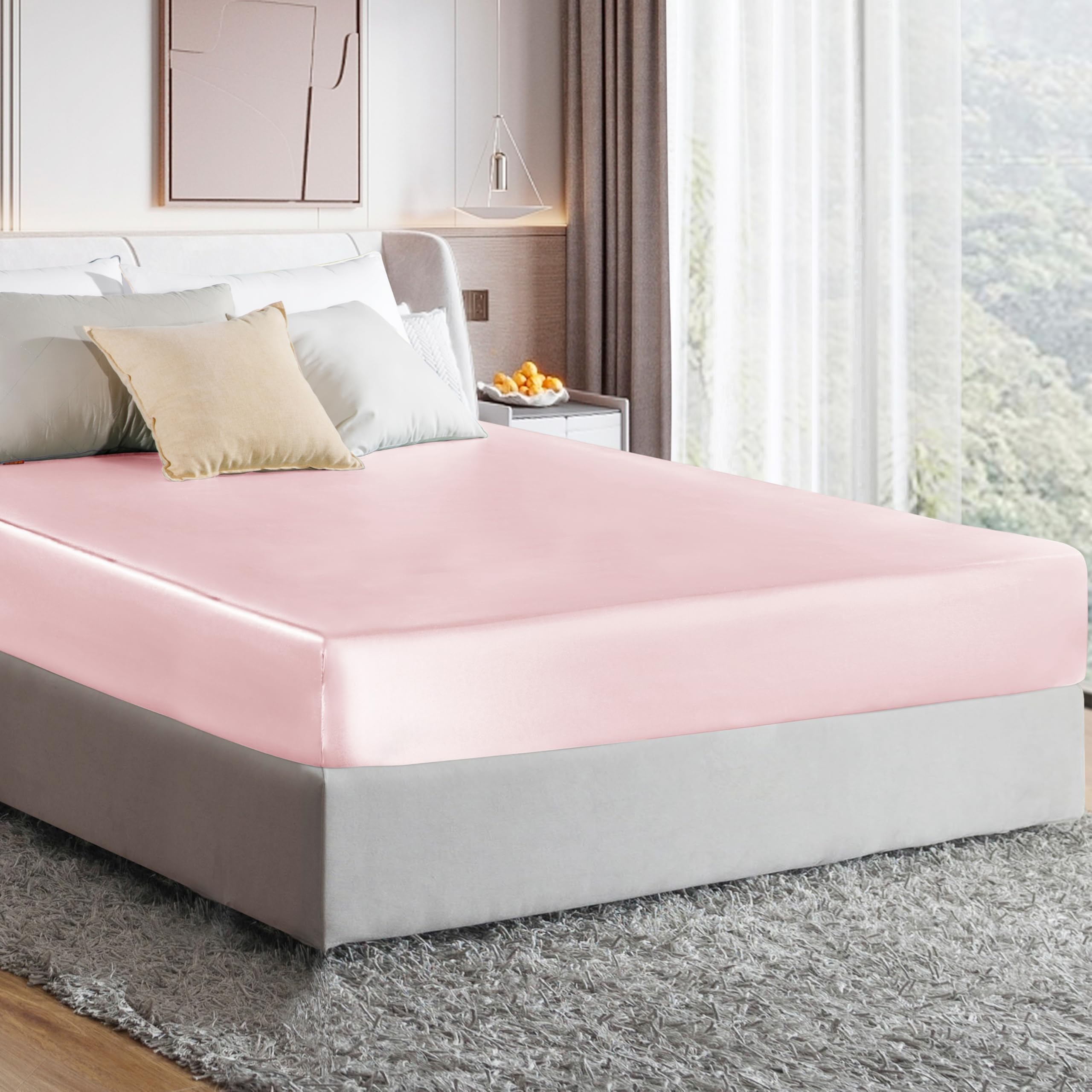 MILVOWOC Twin Satin Fitted Sheet - Ultra Soft Light Pink Bed Sheet with Deep Pockets, 1 Piece Fitted Sheet Only for Cozy Sleep & Luxury Bedroom Decor