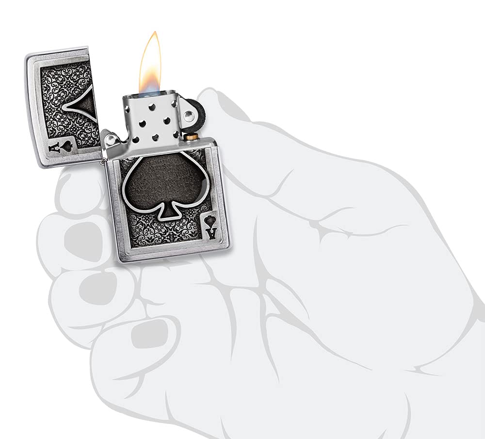 Zippo Ace of Spades Emblem Brushed Chrome Windproof Pocket Lighter - Perfect for Camping, Hiking & Outdoor Adventures