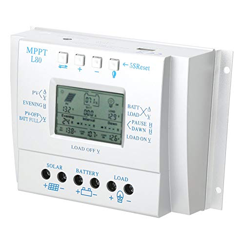 80A MPPT Solar Charge Controller with LCD Display - PWM Photovoltaic Panel Regulator for Off-Grid Power Systems, RVs, Boats & Home Solar Battery Charging