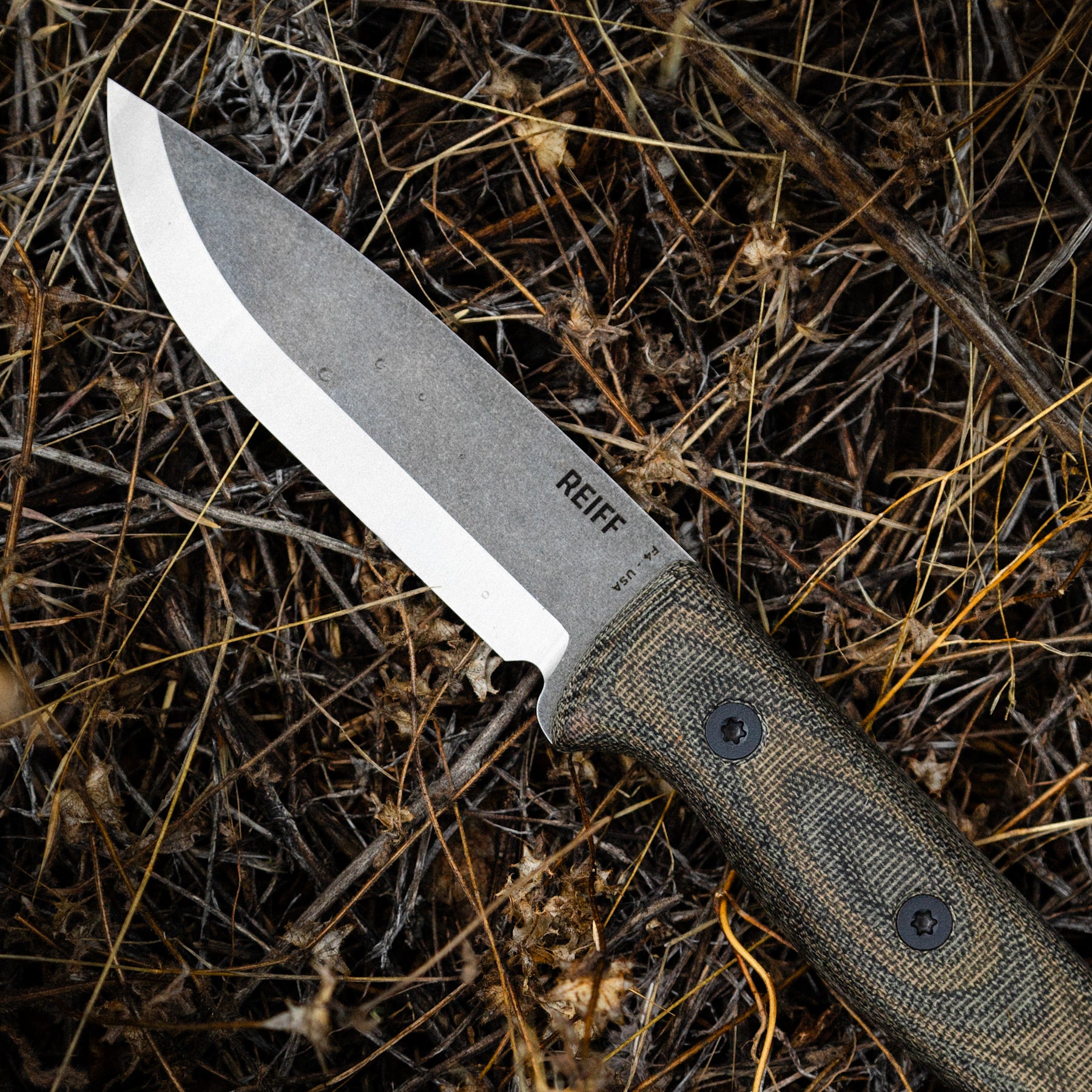 BLEM F4 Scandi Bushcraft Knife - Acid Stonewashed CPM 3V Steel Blade with Green & Black Layered Canvas Micarta Handle - Outdoor Survival, Camping, Hunting, and Bushcraft Essential