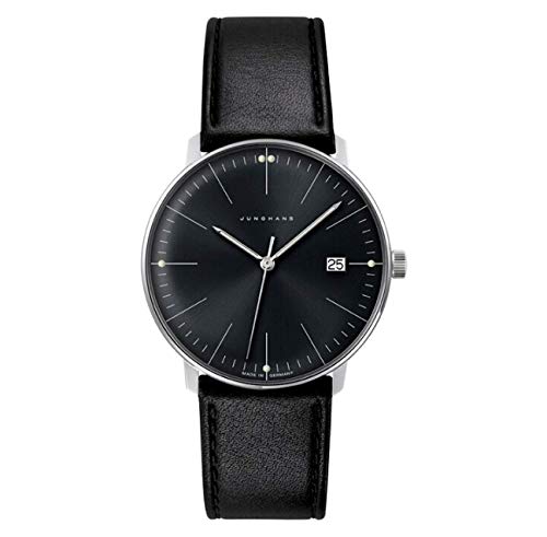 Junghans Max Bill Men's Stainless Steel Quartz Watch with Genuine Leather Calfskin Strap - Black Dial, 20mm - Model 041/4465.00 | Classic Minimalist Design for Business, Casual & Formal Occasions