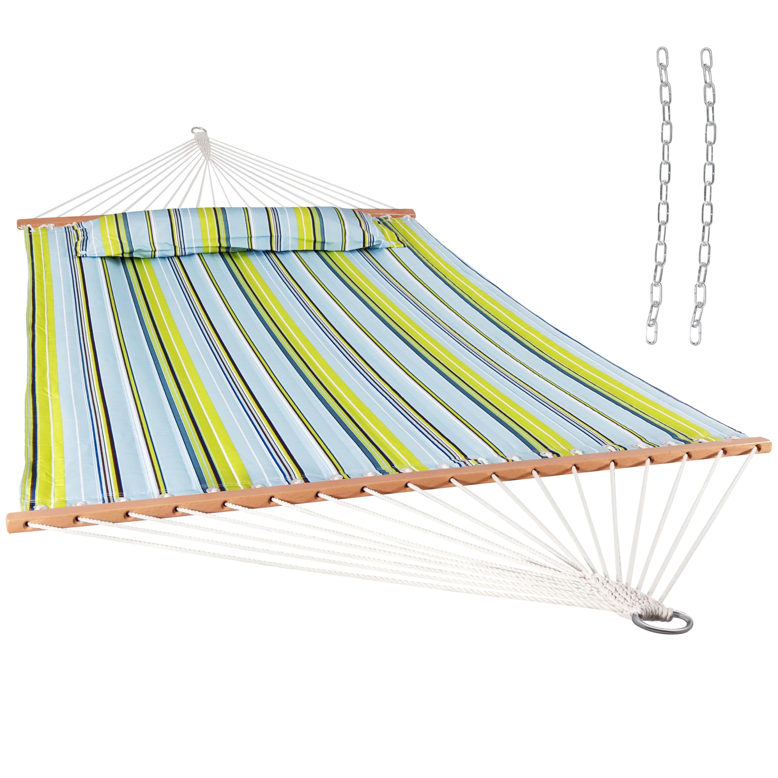 Sunnydaze Quilted Outdoor Hammock with Spreader Bars - Heavy Duty 450lb Capacity Double Hammock for Patio, Backyard & Camping - Blue & Green - Perfect for Relaxing in Garden or Beach Vacation