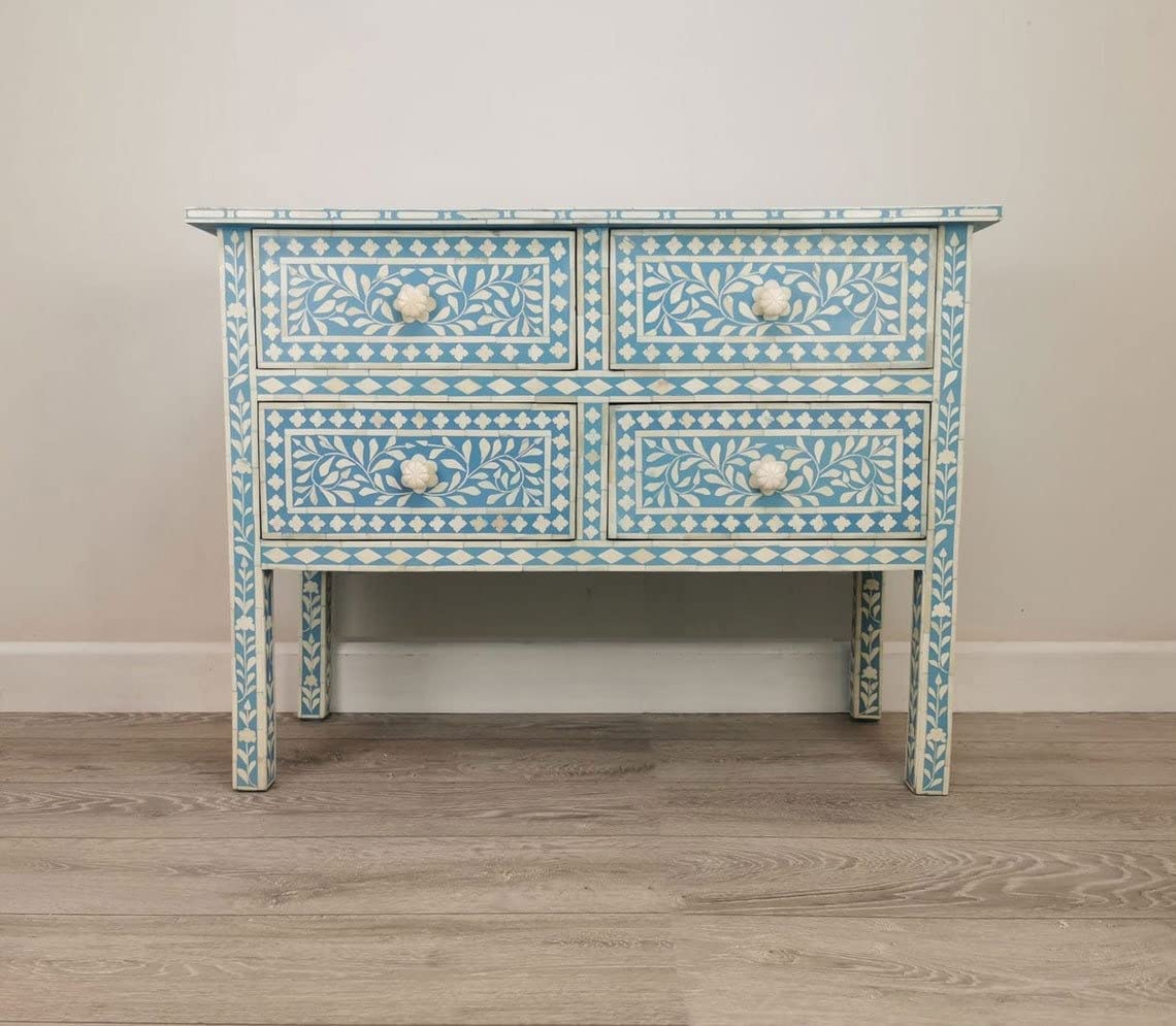 CustomHouzz Small Dresser with 4 Drawers - Sturdy Floral Design & Bone Inlay, Light Blue Clothes Storage Cabinet for Bedroom, Hallway, Entryway or Closet - Perfect for Organizing Clothes, Accessories & Home Decor