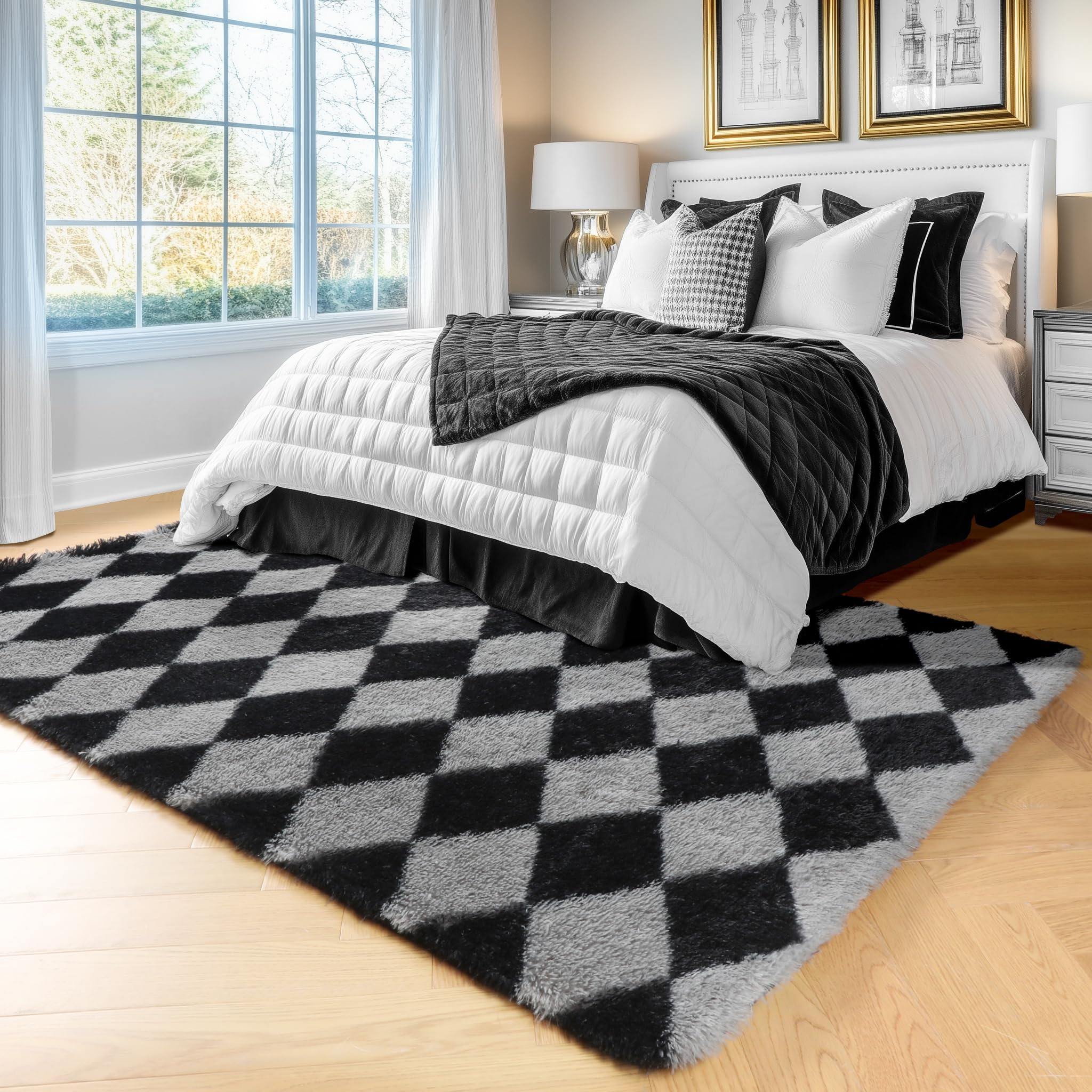 ONASAR 4x6 Black and Grey Checkered Area Rug - Ultra Soft Plush Shag Carpet for Living Room, Bedroom, Kids Room & Dorm | Cozy Floor Mat for Home Office, Playroom & College Dorm Decor