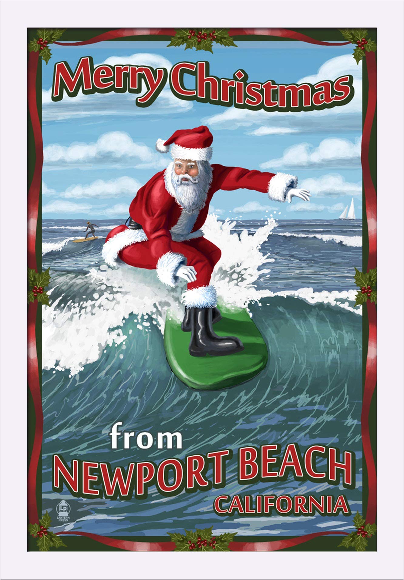 Santa Surfing Fine Art Print - 16x24 Giclee on Recycled Wood Frame, White - Christmas Beach Decor from Newport Beach California - Perfect for Coastal Holiday Home Decor & Surf Lover Gifts