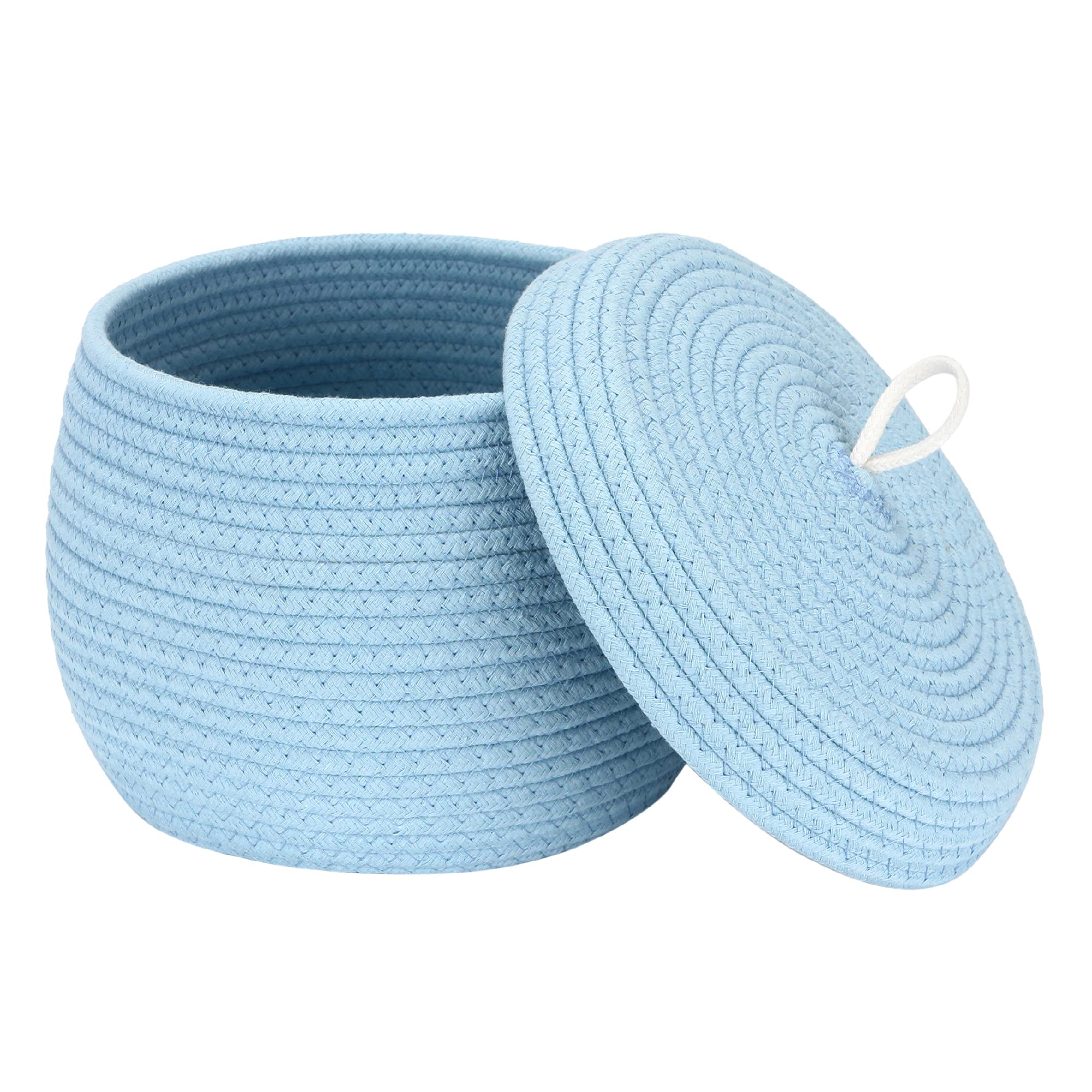 Sea Team Round Cotton Rope Storage Basket with Lid - Decorative Woven Storage Bin for Home Organization, 10 x 7.5 Inches (Small, Blue) - Perfect for Storing Snacks, Towels, Plants, Toys & Home Decor Accessories