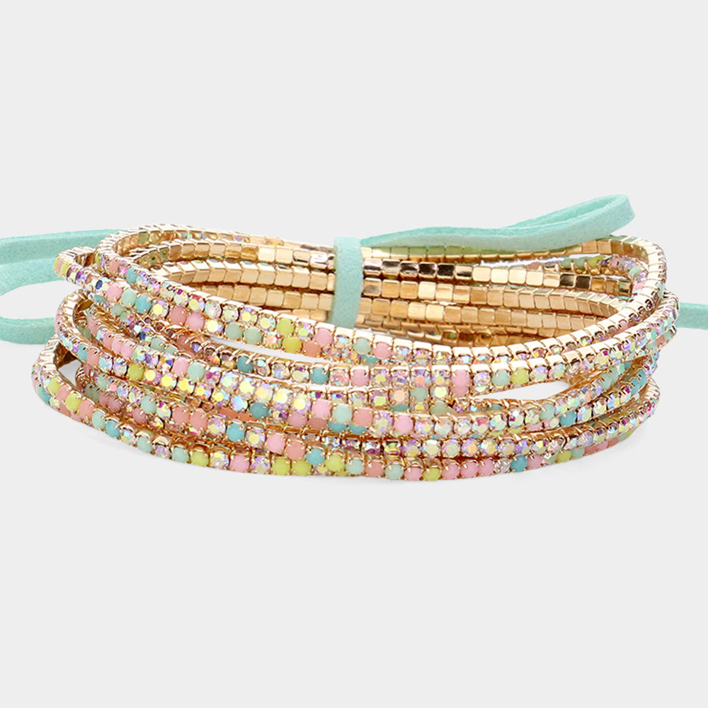12-Pack Multi-Colored Pastel Rhinestone Layered Stretch Pageant Bracelets for Women & Girls | Gold-Tone Fashion Jewelry Set | Perfect for Parties, Pageants, Gifts & Everyday Wear