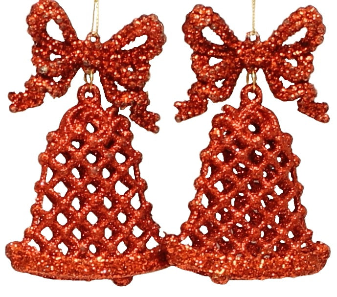 2 Pack of Glitter Christmas Bell Ornaments - White, Red & Gold Holiday Decorations for Tree, Wreath, Gift Wrapping & Party Decor