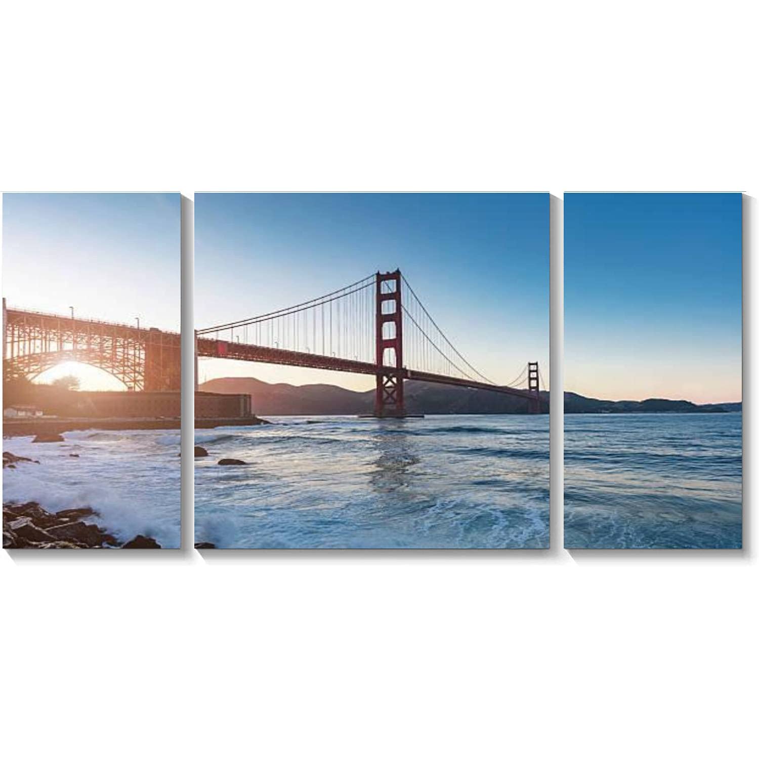 Golden Gate Bridge Sunset Panorama Wall Art - 3 Panel Canvas Print Framed Painting for Living Room & Bedroom Decor | San Francisco Landscape Poster | Ready to Hang Home Artwork | Perfect for Housewarming Gifts & Coastal Theme Interiors
