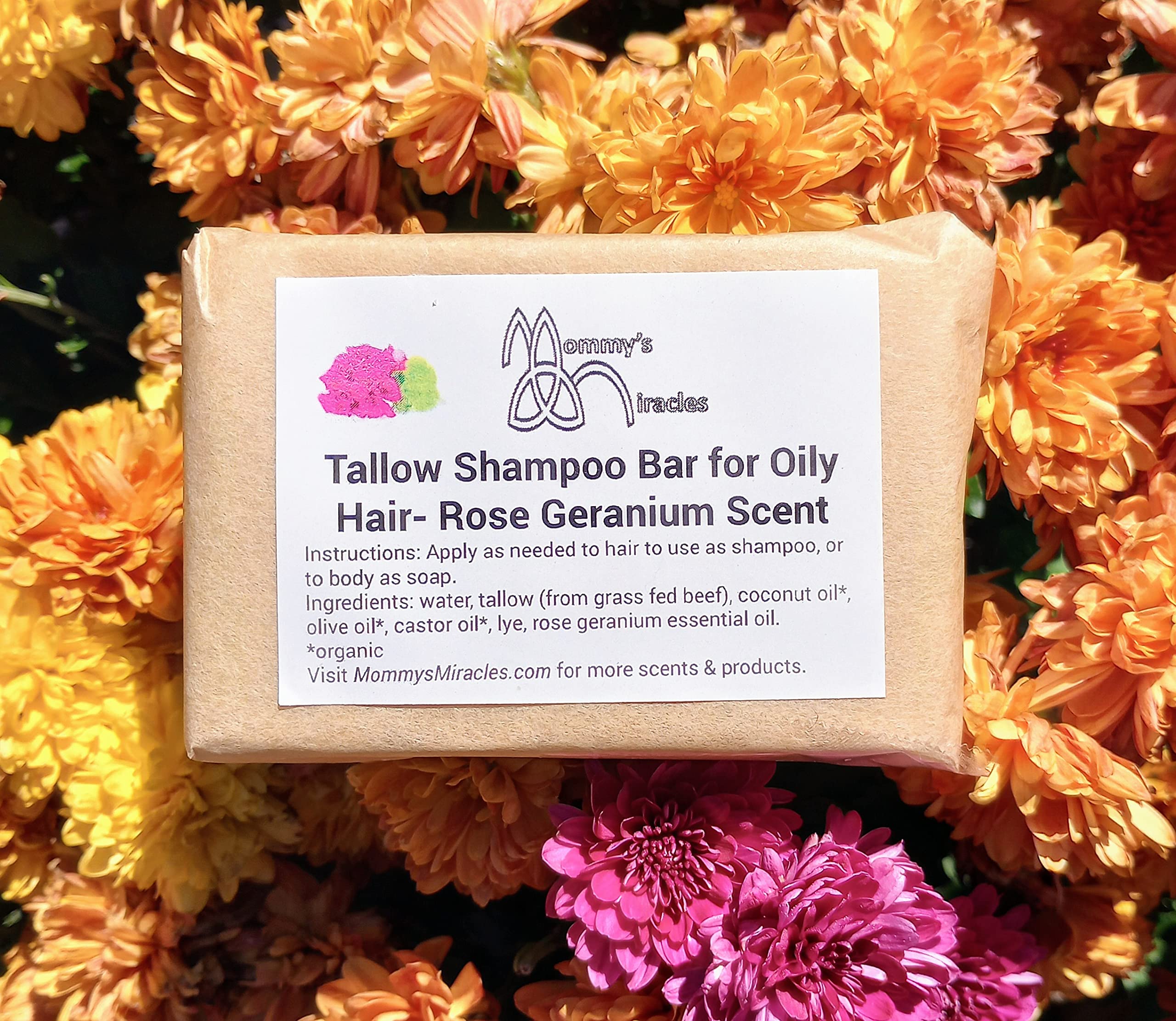 Natural Tallow Shampoo Bar for Oily Hair & Scalp - Rose Geranium Scented Vegan Hair Care | Gentle Cleansing for Greasy Hair, Promotes Hair Growth - Perfect for Daily Use & Travel