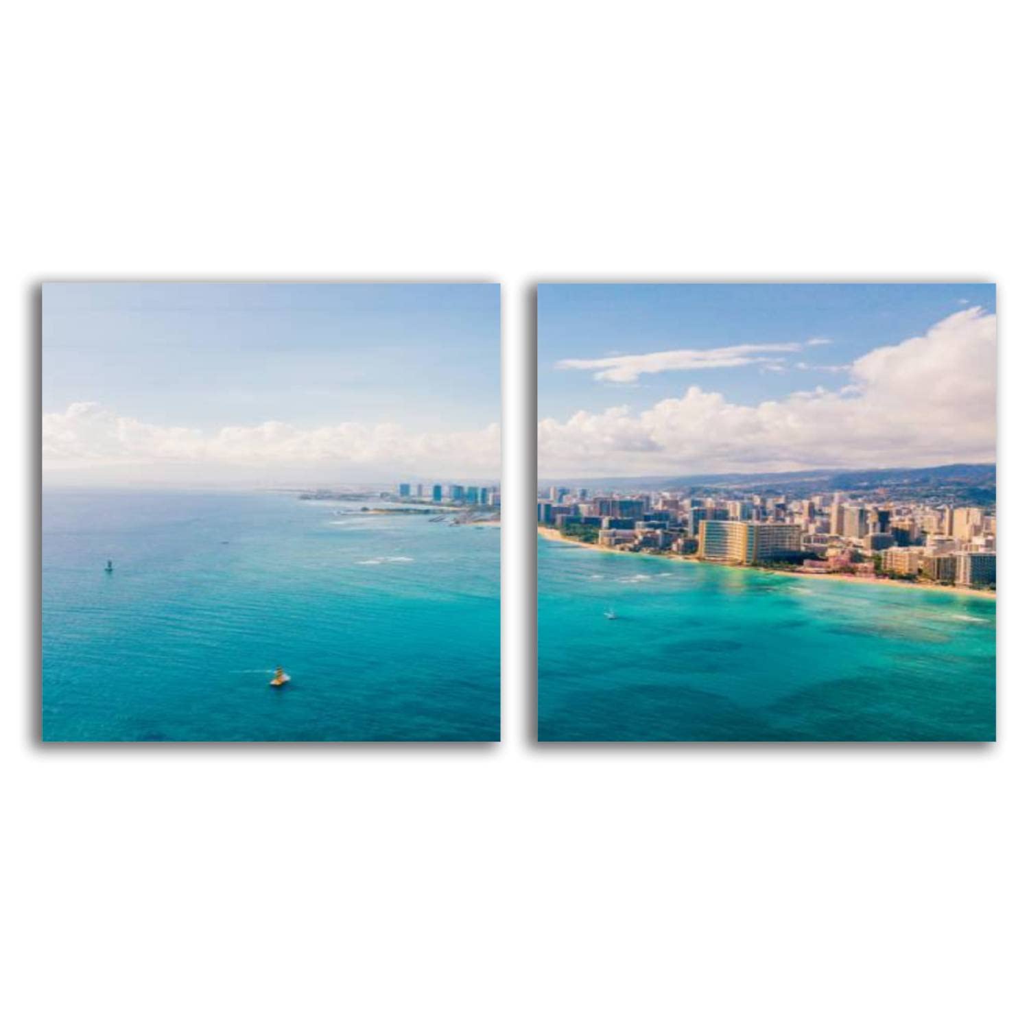 Premium Canvas Wall Art Print - Diamond Head Volcano & Waikiki Beach Scenery - Framed Ready-to-Hang Painting (24x48 inches) for Living Room, Bedroom, Office Decor - Perfect Hawaiian Landscape Gift for Home Decoration | Beach House & Tropical Theme Interior Design