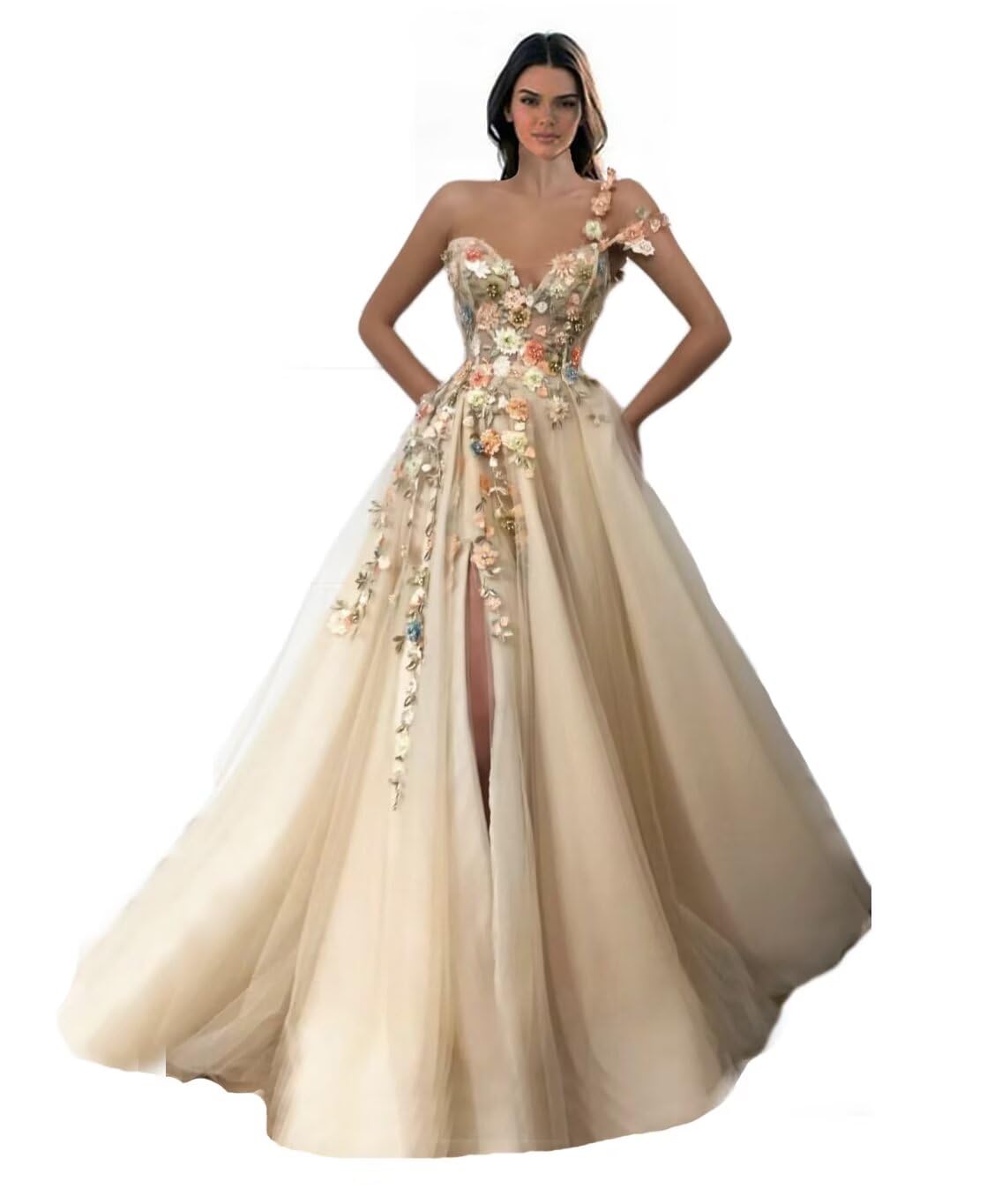 Elegant One Shoulder Sweetheart Prom Dress with 3D Floral Appliques & Tulle Lace - Women's Formal Evening Gown with High Slit | Perfect for Homecoming, Prom, Wedding & Special Occasions