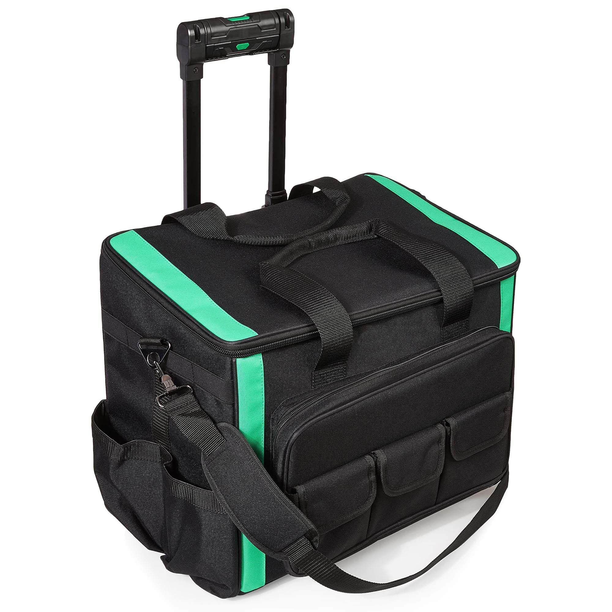 Amazon Basics 20-Pocket Lighted Rolling Tool Bag with Wheels - Heavy Duty Black Tool Organizer for Electricians, Plumbers & Contractors - Perfect for Job Sites, Workshops & Home DIY Projects