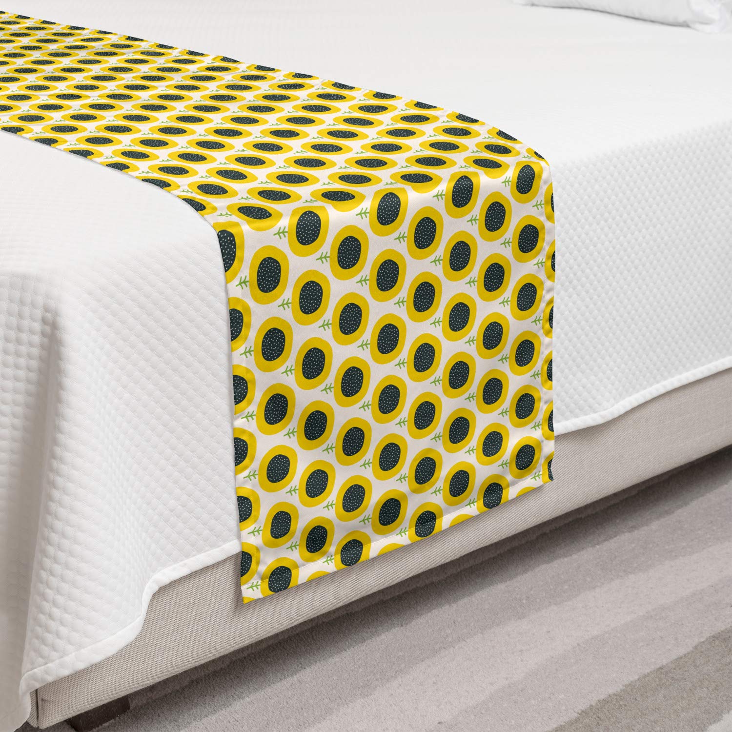 Ambesonne Floral Bed Runner - Sunflower Design Decorative Bed Scarf for Twin Beds, Dark Teal Green & Yellow - Perfect for Hotels, Homes & Guestrooms | Farmhouse Decor, Boho Bedroom Accent, Playroom Styling
