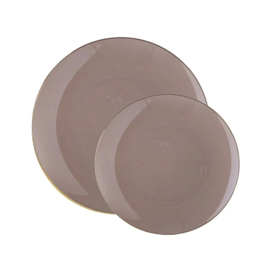 Elegant Taupe and Gold Rim Round Plastic Plates - Eco-Friendly & Organic Dinnerware for Parties, Picnics, and Everyday Use