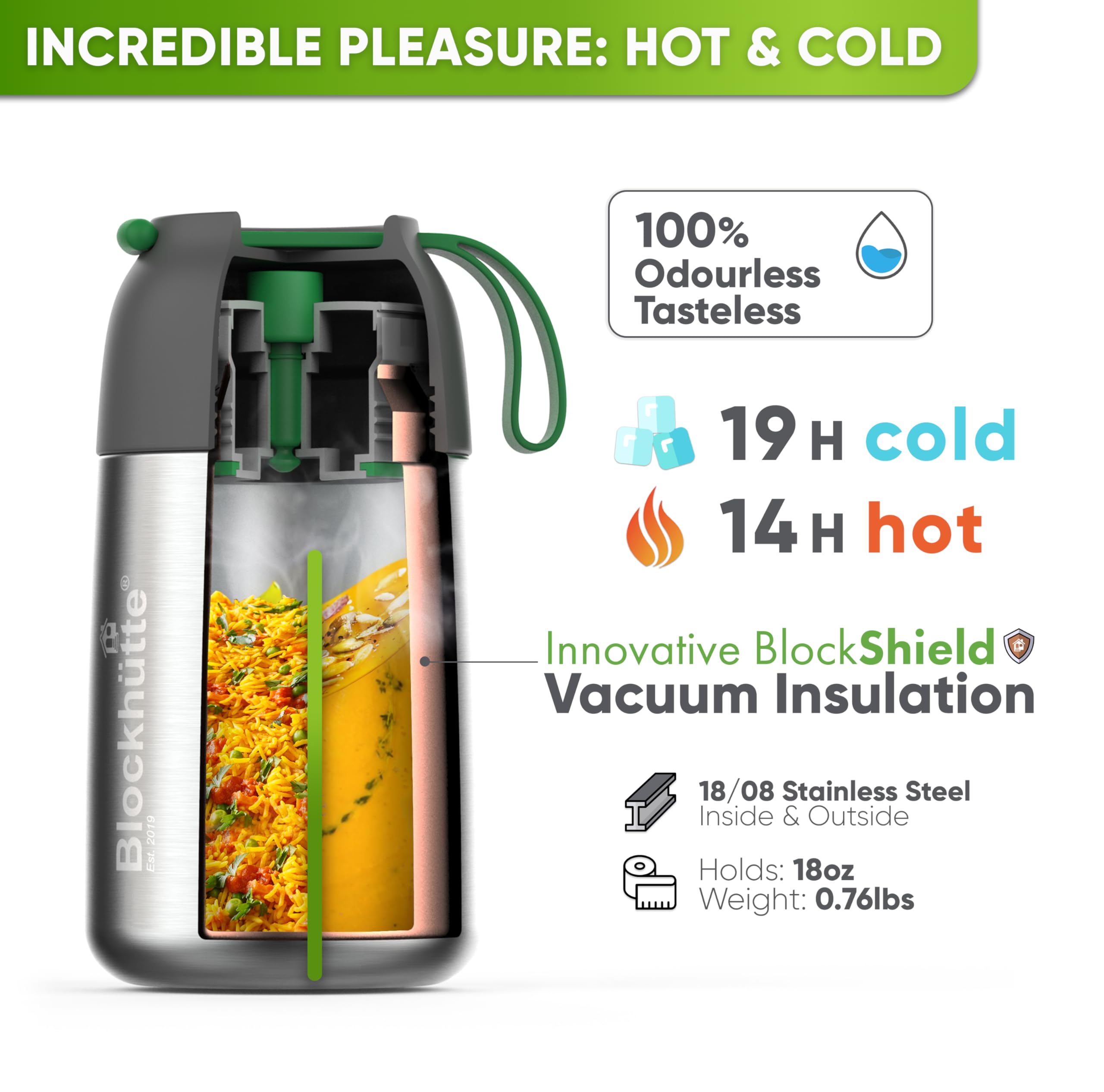 18 oz Insulated Stainless Steel Food Container - Wide Mouth Thermos for Hot & Cold Food - Includes Spork - Perfect for Adults & Kids - Ideal for Lunches, Hiking, Camping, and Office Meals