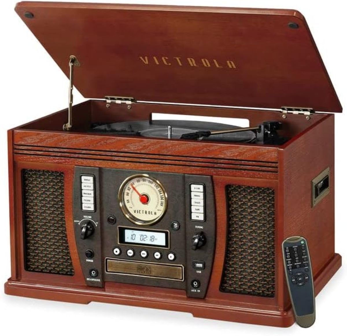 Victrola Aviator 8-in-1 Bluetooth Record Player & Multimedia Center with Built-in Stereo Speakers - 3-Speed Turntable, Vinyl to MP3 Recording, Wireless Music Streaming, Mahogany Finish | Perfect for Home Entertainment, Vinyl Collectors & Music Lovers