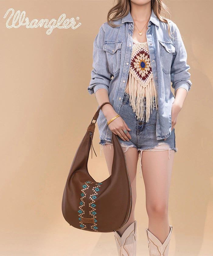 Wrangler Aztec Embroidered Wide Hobo Bag for Women - Stylish Boho Shoulder Purse with Tribal Pattern - Perfect for Casual Outings, Music Festivals & Travel Accessories