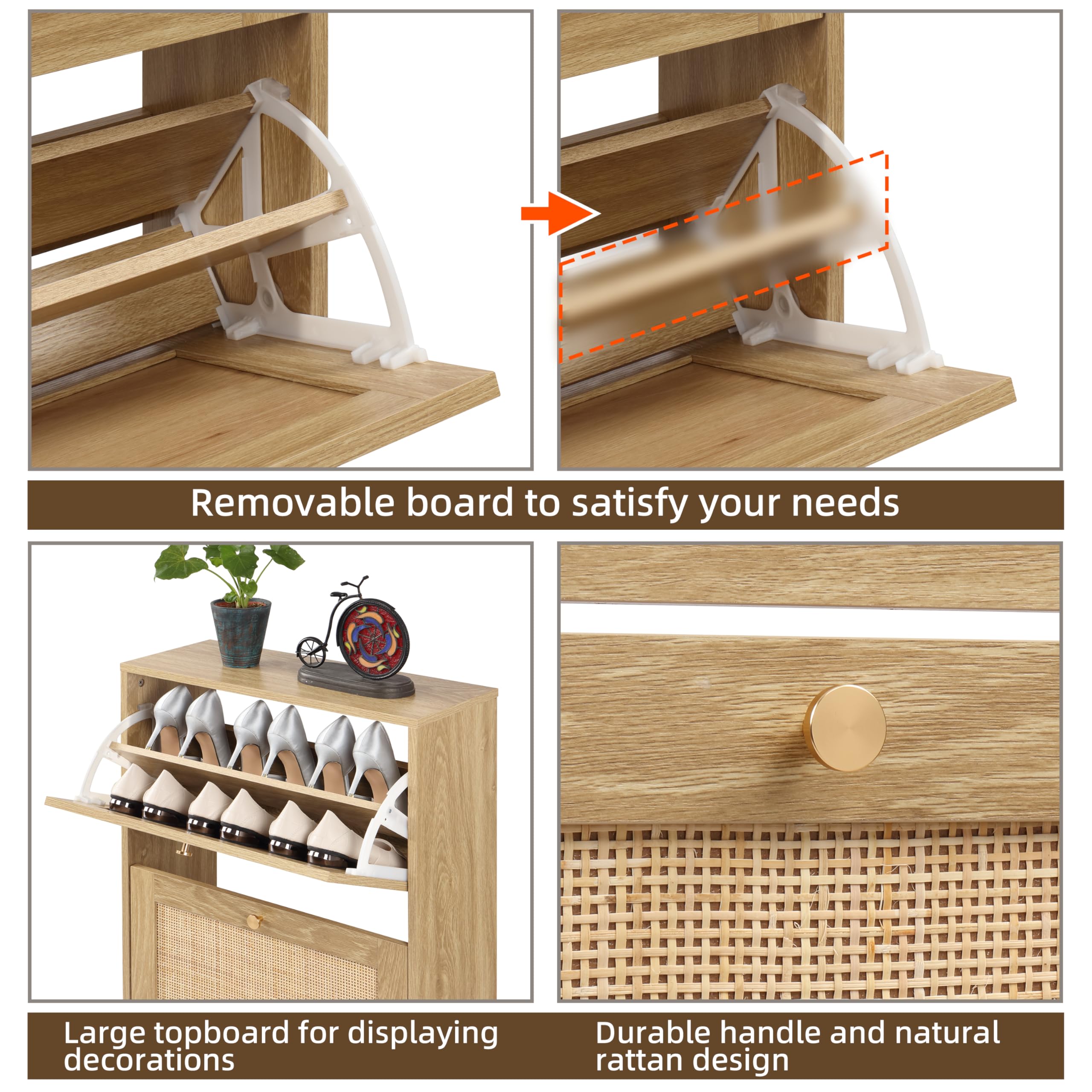 Finnhomy 3-Tier Shoe Cabinet with Natural Rattan Flip Drawers - Free Standing Slim Shoe Storage Organizer for Entryway, Large Top Board & Adjustable Width Drawers - Perfect for Small Spaces, Apartments & Closet Organization