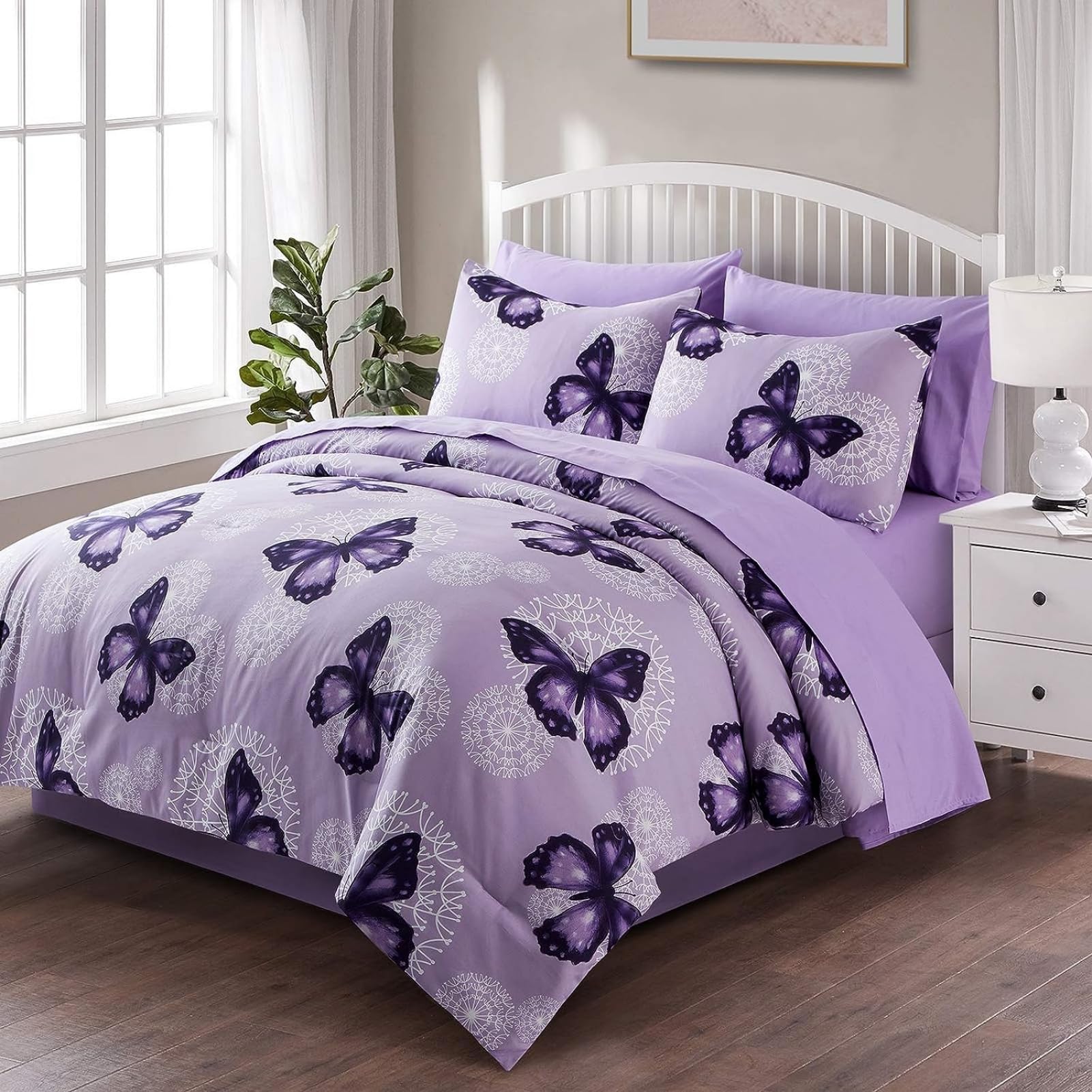 ARTALL 6-Piece Twin Size Bed in a Bag Set - Purple Butterfly All Season Comforter with Pillow Sham, Flat Sheet, Fitted Sheet, Bed Skirt & Pillowcases | Soft Microfiber Bedding for Kids Room, Guest Bedroom & Dorm Essentials