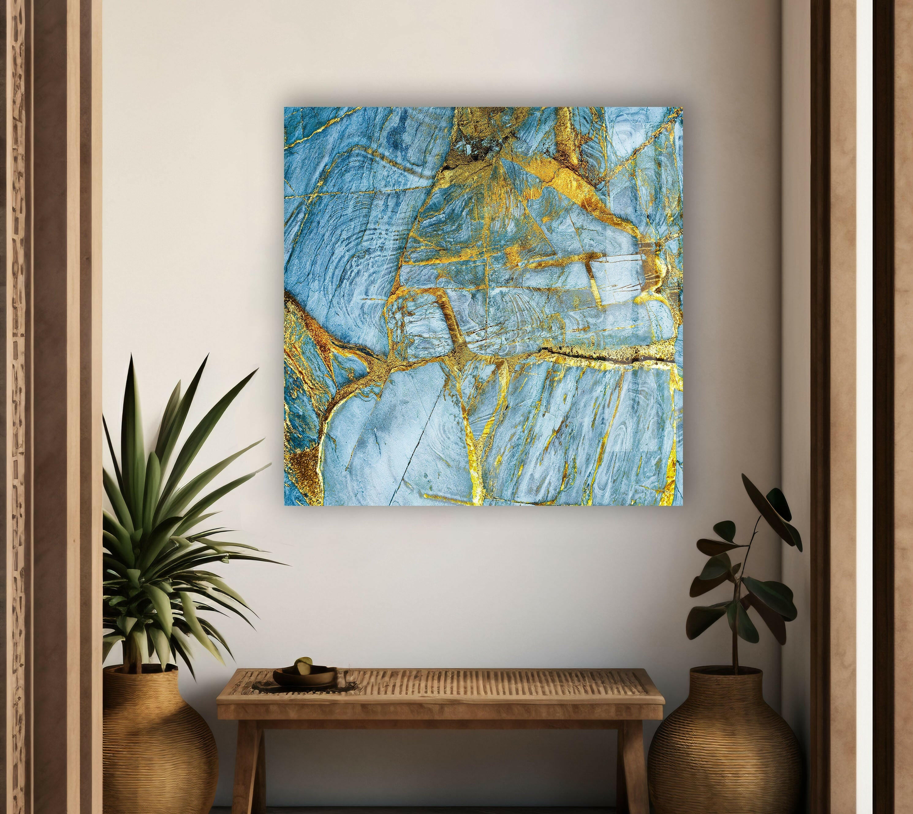 Blue Abstract Marble Art Glass Wall Decor - Modern Handmade Glass Wall Art for Living Room, Bedroom & Office Decor