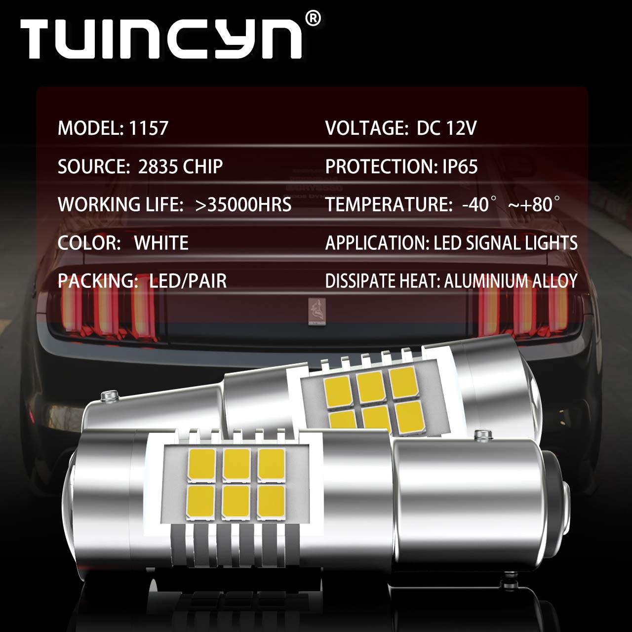 TUINCYN 1157 LED Bulb White - 2057 2357 7528 BAY15D Replacement Bulbs for Tail, Brake, Turn Signal, Reverse & Parking Lights - 12V DC (Pack of 2) - Perfect for Cars, Trucks, SUVs & Motorcycles