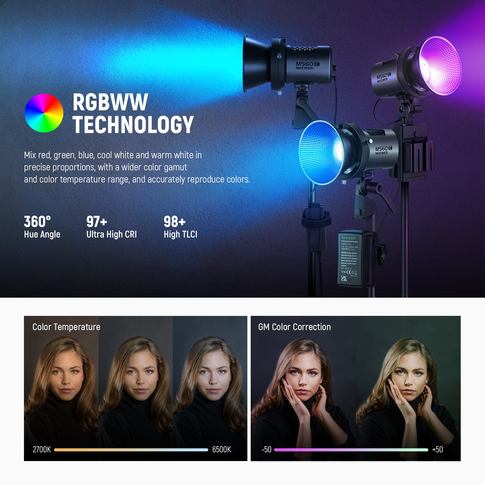 NEEWER MS60C RGB LED Video Light - Handheld Spotlight for Photography, YouTube Videos, Live Streaming & Content Creation - Perfect for Vloggers, Filmmakers & Studio Lighting