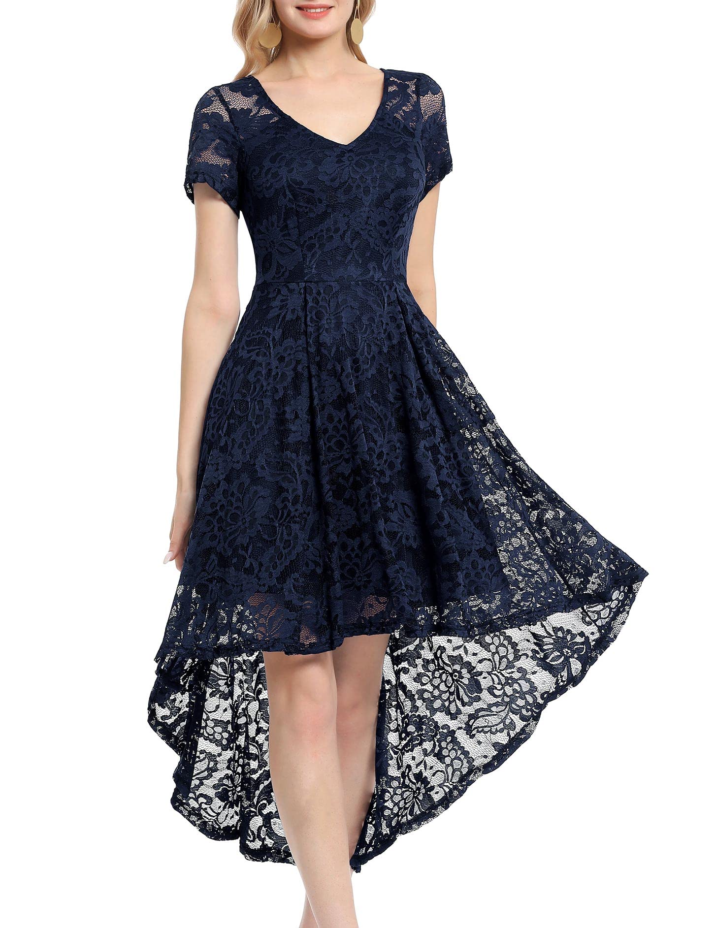 MUADRESS Women's Vintage Floral Lace Cocktail Dress - Elegant V-Neck Hi-Lo Hem Party Dress for Wedding, Evening Gala & Special Occasions