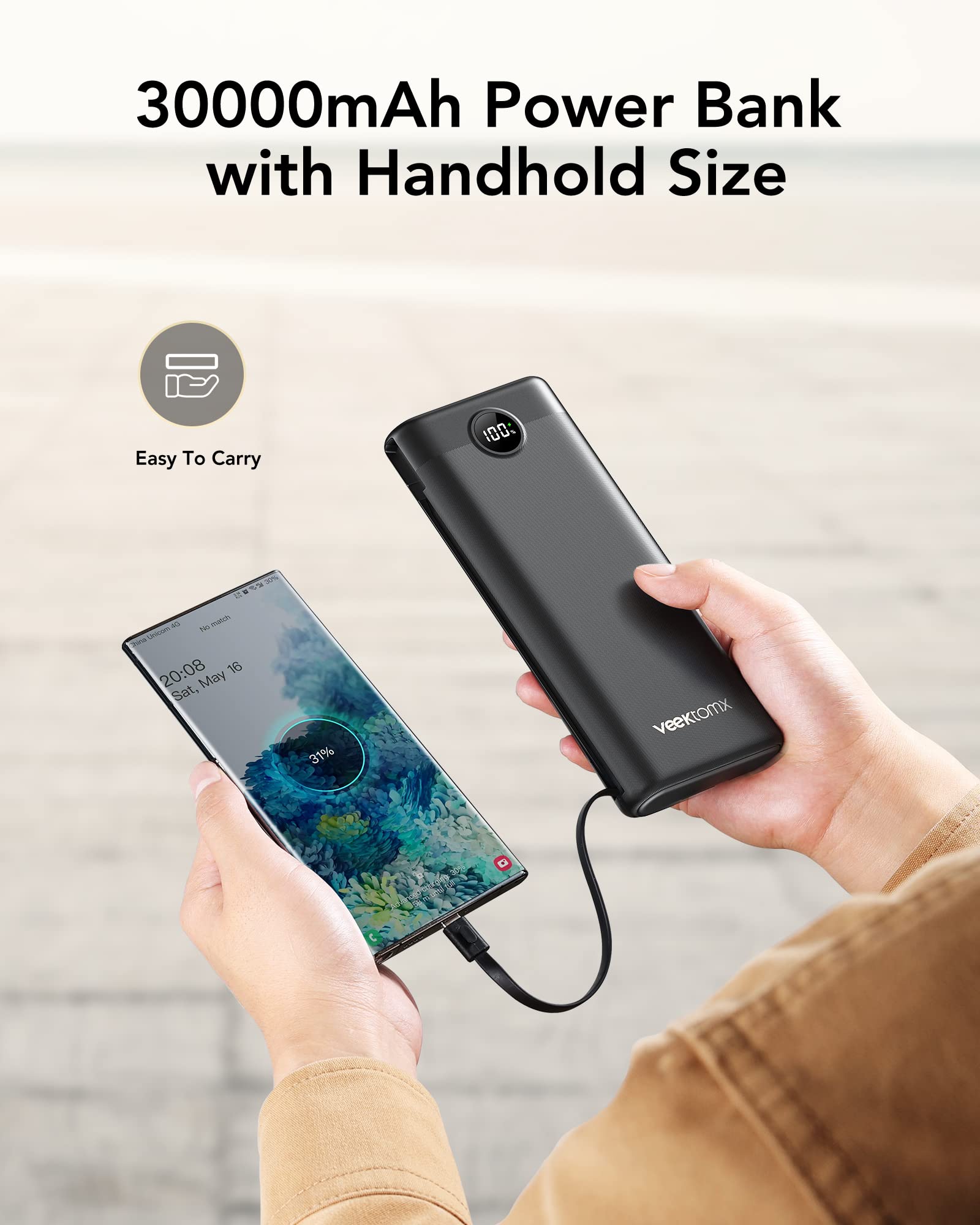 30000mAh Portable Charger with 22.5W USB C PD & QC 3.0 Fast Charging | 5 Outputs LED Display Power Bank | Compatible with iPhone 15/14/13, Samsung Galaxy S23/S22, iPad Pro | Perfect for Travel, Camping & Emergency Backup (1 Pack)