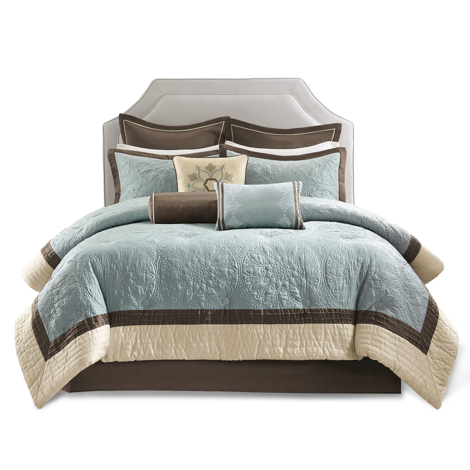 Madison Park Cozy Comforter Set - King Size 104x92 Inch - All Season Soft Bedding with Matching Bed Skirt & Decorative Pillows - Modern Blue 9-Piece Bedding Set for Master Bedroom, Guest Room & Cozy Home Decor