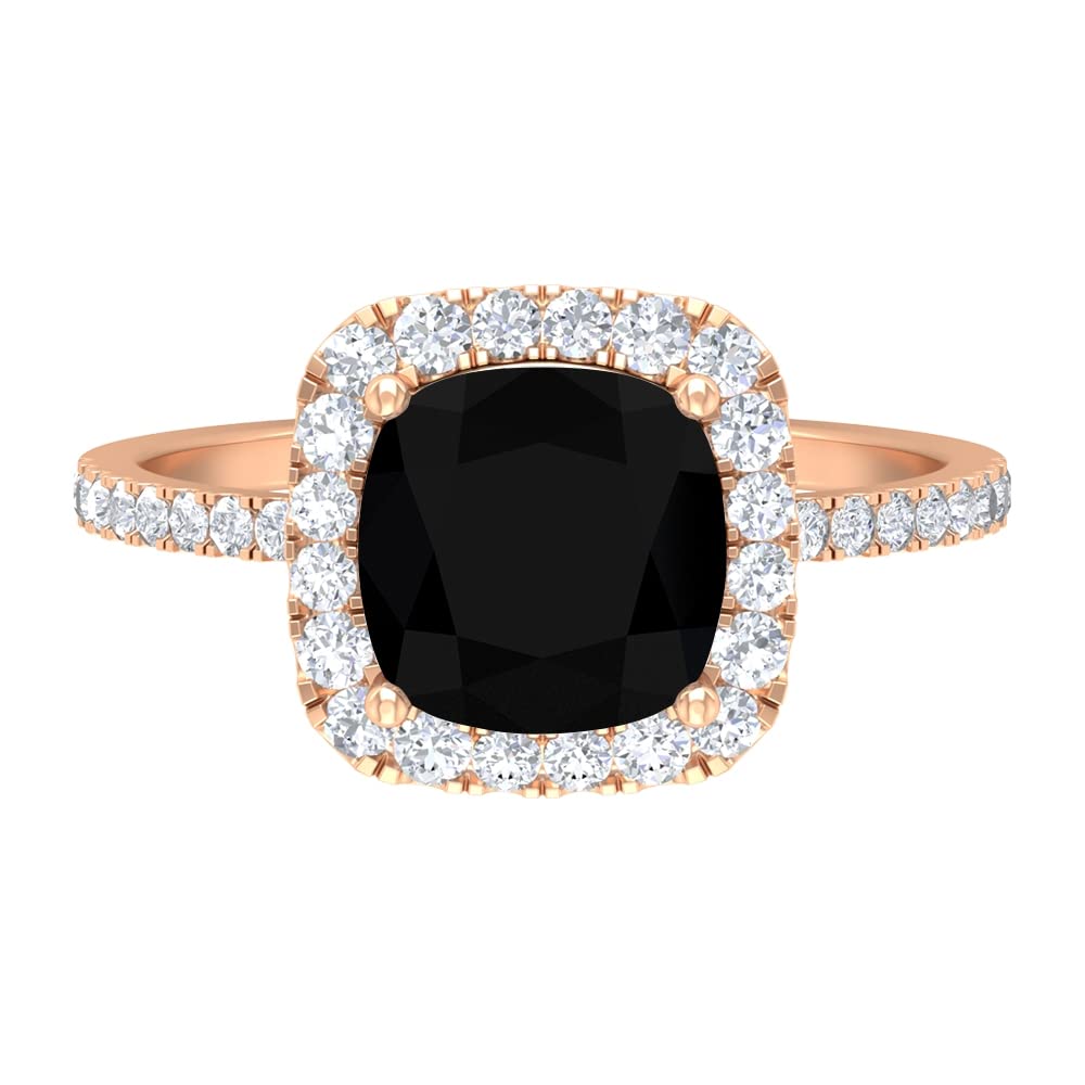 8MM Cushion Cut Black Onyx Solitaire Ring with D-VSSI Moissanite Halo | 14K Solid Gold Engagement Ring | AAA Quality Side Stones | Perfect for Wedding, Anniversary & Romantic Gifts