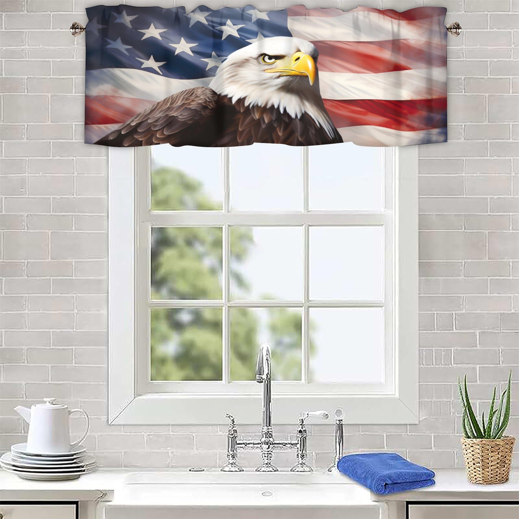 American Flag Valance Curtains - 54 x 18 Inch Rod Pocket Window Treatments for Kitchen, Bathroom & Bedroom - Patriotic Eagle Design for Independence Day Decor & Home Styling